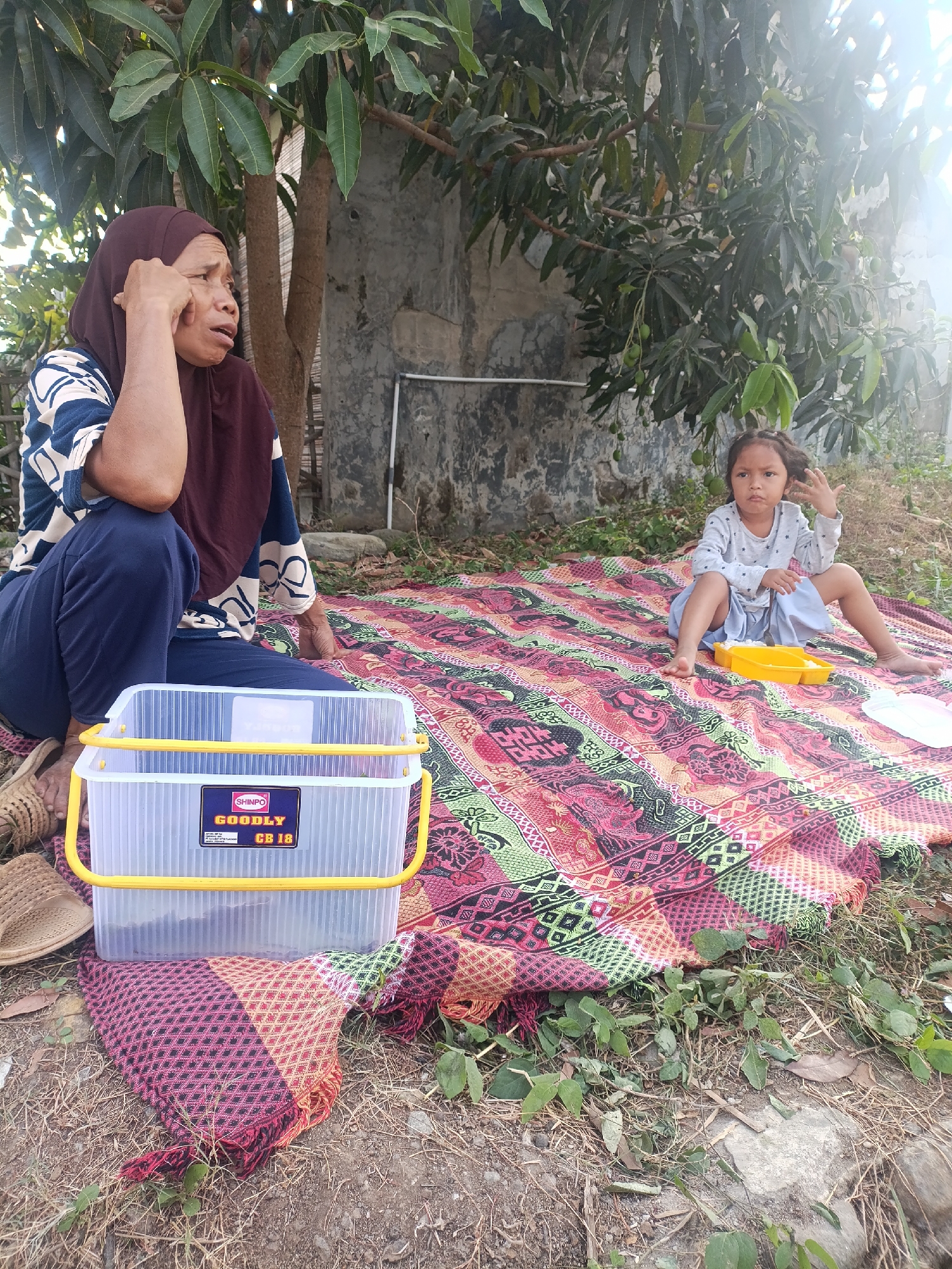 In Cariu, Indonesia, an outdoor scene depicts two individuals on a colorful woven mat spread on the ground. A woman, wearing a maroon hijab and a patterned blue and white shirt, sits with her left hand touching her face, looking to her left. Beside her, a young girl in a light gray shirt and blue skirt sits facing forward, with her right hand raised near her head and her left hand resting on a yellow plastic tray. A clear plastic container with yellow handles, labeled "SHINPO GOODLY CB 18," is positioned in front of the woman. In the background, a textured gray wall and a tree with green leaves create a natural backdrop. The ground around the mat is covered with dry grass and scattered leaves. The lighting suggests a daytime setting with sunlight filtering through the tree's foliage.