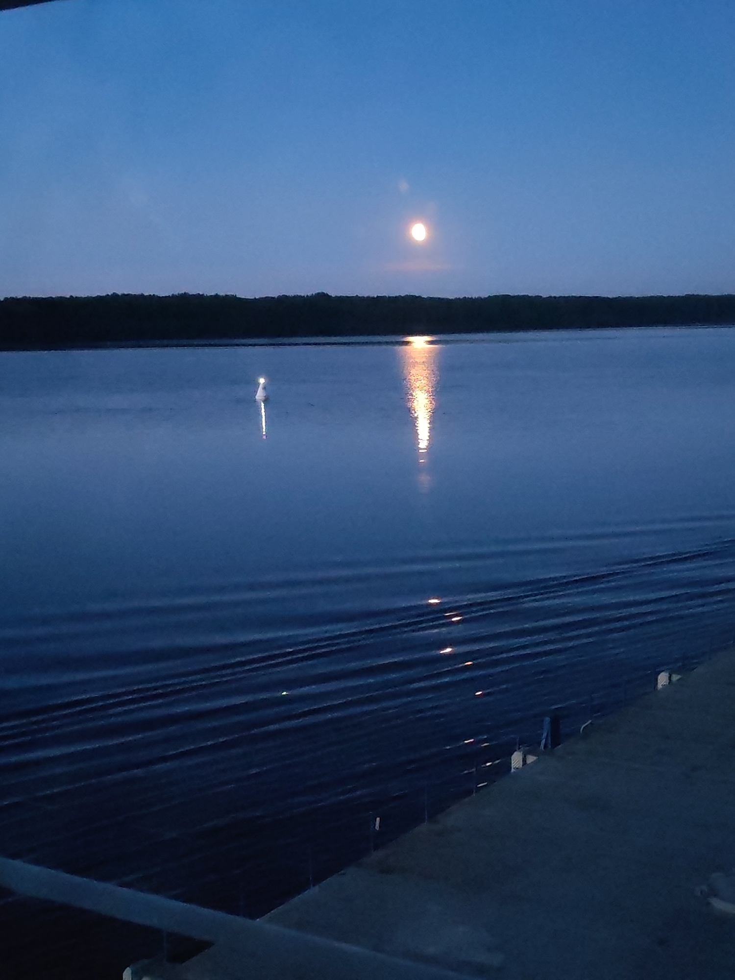 The image displays a nocturnal or crepuscular scene over a large body of water, identified as being in Khoroshevo, Russia. A bright, spherical moon is centrally positioned in the dark blue sky, generating a prominent, elongated reflection of yellow-orange light on the water below. To the left of the moon's reflection, a slender, white, vertical object, consistent with a navigational buoy or marker, is visible, featuring an illuminated top that also casts a distinct reflection on the water's surface. A dark, indistinct landmass, likely a treeline or distant shore, stretches across the horizon, separating the sky from the expansive water. The foreground water exhibits subtle ripples or waves, with fragmented glints of light visible on their surfaces. In the bottom-right corner, a dark, angled architectural structure, possibly part of a deck, pier, or bridge, with visible vertical posts, suggests the vantage point of the photograph. No people are discernible within the scene.
