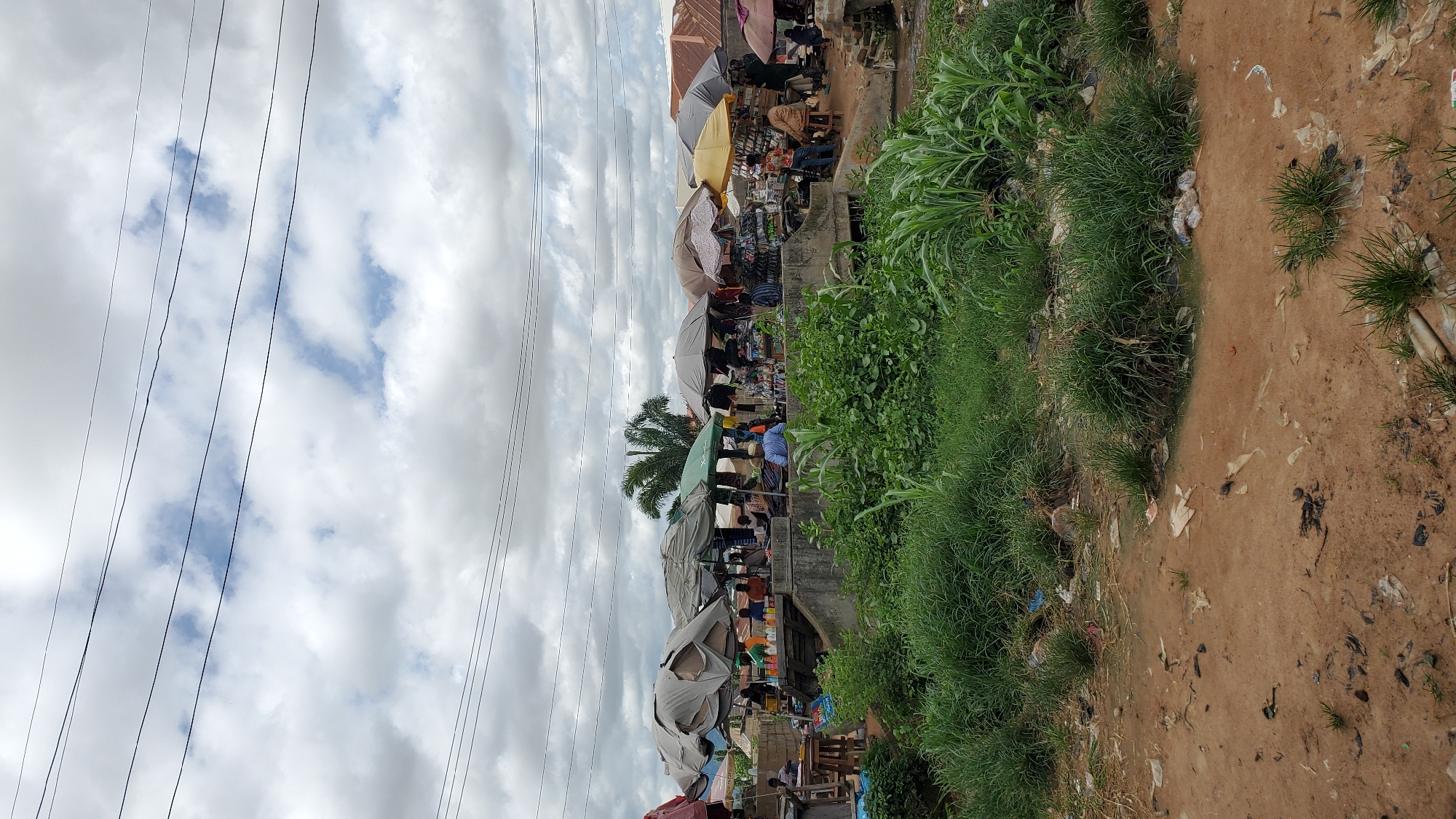 A market scene unfolds under a cloudy sky in Jalingo, Nigeria. Numerous stalls are set up beneath a variety of umbrellas, providing shade for vendors and shoppers. The stalls display a range of goods, including bottles of liquids, footwear, and other assorted items. Several people are visible, some attending to the stalls, while others appear to be browsing or interacting. A prominent palm tree stands behind some of the stalls, and power lines stretch across the upper portion of the image. In the foreground, the ground is a mix of dry, reddish-brown earth and patches of overgrown green vegetation, with some litter scattered around. A concrete structure, possibly a bridge or retaining wall, separates the market area from the overgrown foreground.