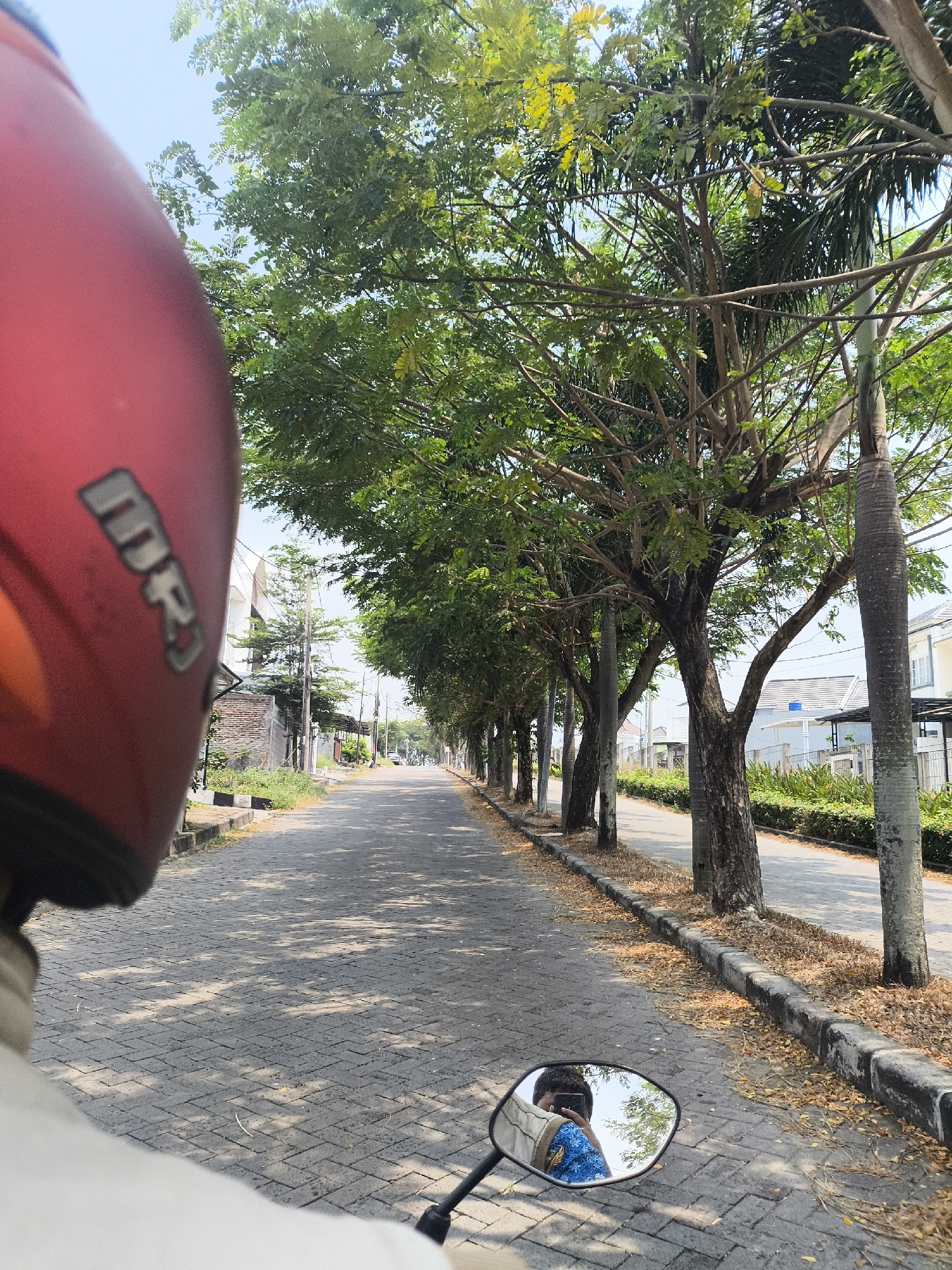 The image depicts a person's perspective from a motorcycle traveling down a paved street lined with trees and houses in Cilegon, Indonesia. The street is paved with interlocking grey bricks, and shadows from the trees are cast across it. The left side of the image shows the red helmet of the rider, with a portion of their beige jacket visible. On the right side, a row of trees with green foliage and palm trees line the street, with houses visible behind them. A motorcycle's rearview mirror in the foreground reflects the rider taking the photo with a black smartphone and wearing a blue and white patterned shirt. Dry leaves are scattered along the roadside. The sky is clear and blue.