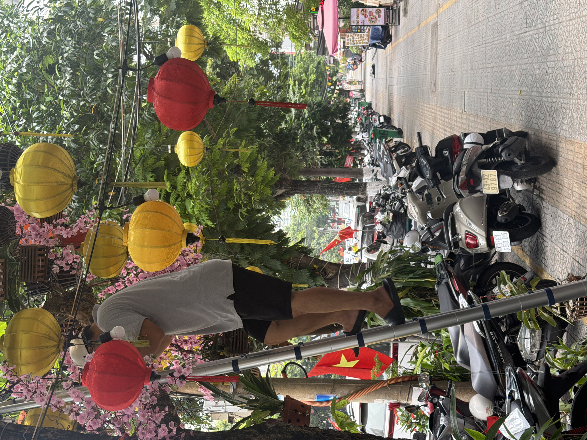 A man stands on a metal railing adorned with red and yellow lanterns, pink blossoms, and a Vietnamese flag. He wears a gray shirt, black shorts, and black sandals. He appears to be working or adjusting something within the decorative display.
In the background, a long street is lined with parked motorbikes, stretching into the distance. Buildings and trees are visible along the sides of the street. The scene is set in a public area, likely a street in a city.
The license plate on one of the motorbikes reads "43-X2 9787". Based on the "43" code, the location is most likely Đà Nẵng, Vietnam.