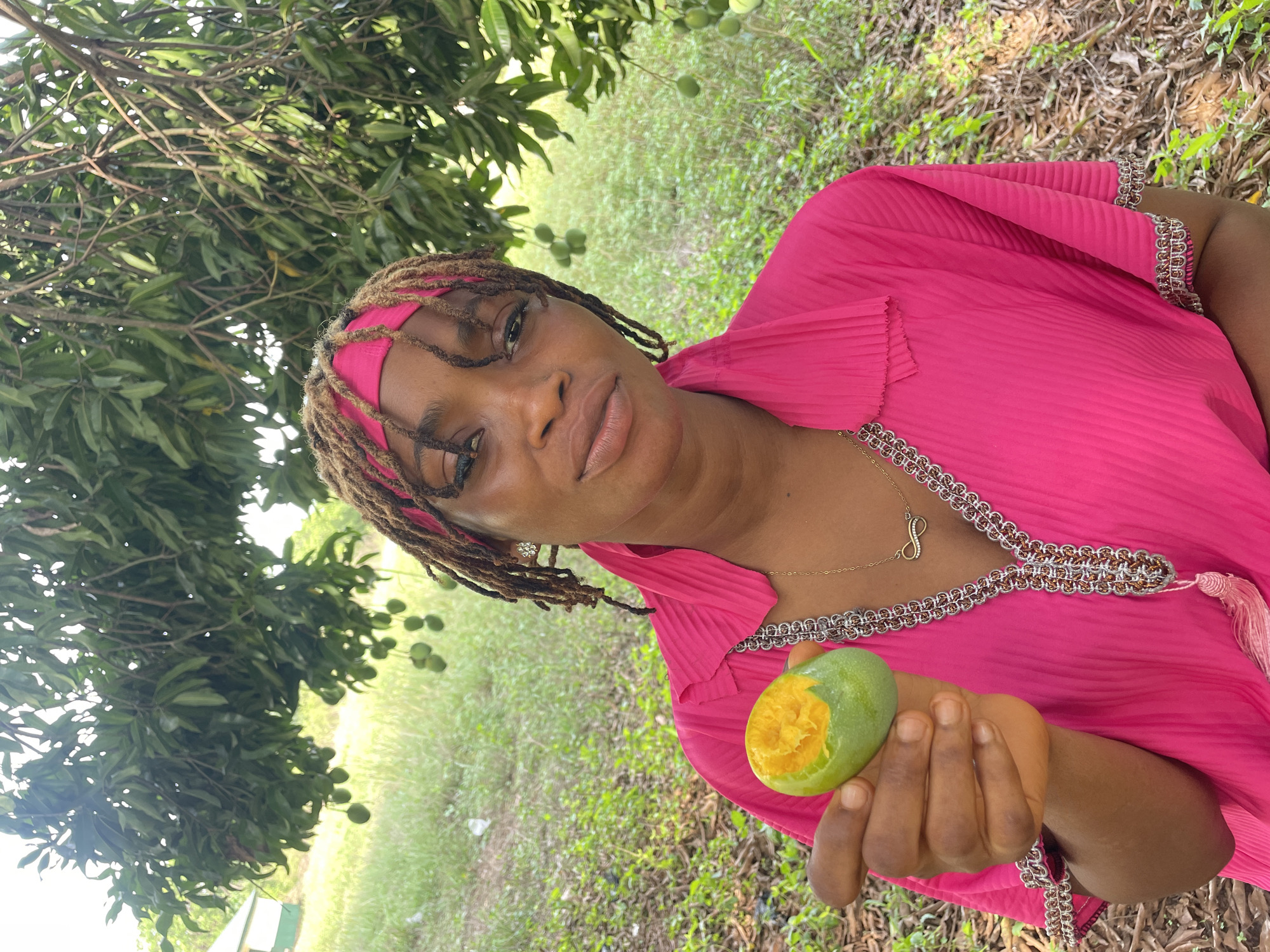 A medium shot shows a woman outdoors, holding a partially eaten green mango. She has dark skin and wears dreadlocks, styled with a pink headscarf or bandeau. Her expression is calm and direct, with a slight pout. She is dressed in a vibrant hot pink, pleated garment, possibly a dress or kaftan, featuring elaborate silver and brown decorative trim around the neckline and sleeves. A delicate gold chain necklace with an infinity symbol pendant is visible, along with a small, sparkling stud earring in her right ear.
The woman holds the green mango in her right hand, showcasing the bright yellow-orange flesh that has been bitten into. The background is a lush green environment, dominated by dense foliage of what appears to be a large mango tree, from which several other unripe green mangoes hang. The ground below is covered with green grass and some dry leaves. The bright, natural lighting indicates it is daytime. The scene suggests a relaxed moment, enjoying fresh fruit in a natural, possibly rural, setting in Ogbe, Nigeria.