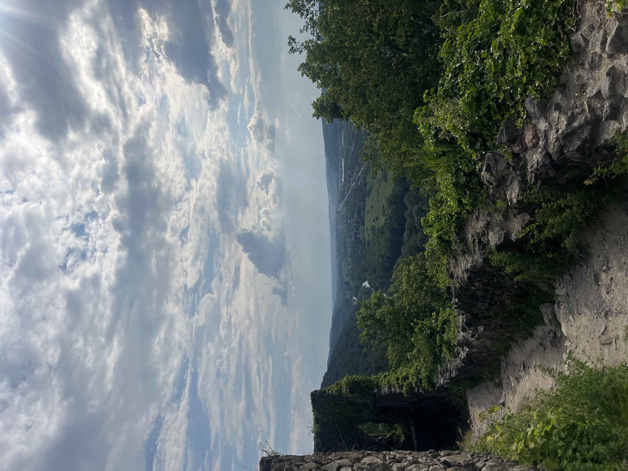 The image presents a panoramic view of a scenic valley and sky from a high vantage point, likely a historical ruin, in Kamianytsia, Ukraine. No people are visible in the frame.
In the foreground on the right, the remnants of ancient stone structures are visible, heavily overgrown with vibrant green ivy and other lush foliage. The ground around these ruins is rocky and covered with various plants. A rustic dirt path or trail winds along the edge of these structures, suggesting a walking route.
The midground reveals a vast, verdant landscape stretching into the horizon. Dense green forests cover rolling hills, interspersed with open fields and what appears to be a scattered settlement or village in the distance. A winding river and a road can be discerned running through the valley, adding to the sense of a populated, yet serene, environment.
The background is dominated by a dynamic sky. Large, textured clouds, a mix of bright white and darker grey, fill the upper portion of the frame, with patches of clear blue sky visible between them. Sunlight breaks through the clouds in several places, creating visible crepuscular rays that add depth and a dramatic effect to the atmosphere.
The time of day appears to be daytime, likely late morning or afternoon, indicated by the bright light and the angle of the sunbeams. The weather is partly cloudy, suggesting a pleasant day. The scene evokes a sense of historical grandeur and natural beauty. There is no visible text in the image.