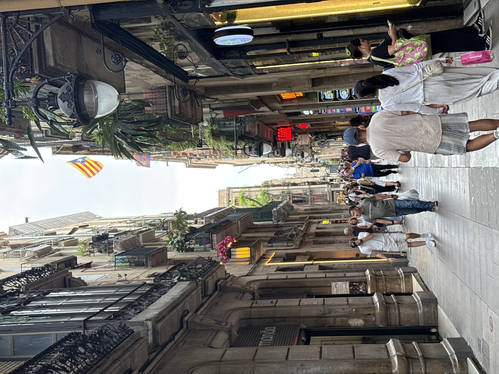 The image shows a street scene in Barcelona, Spain. The view is down a narrow pedestrian street lined with tall buildings on both sides. The architecture features balconies, windows with ornate iron railings, and decorative stonework. Street lamps and hanging plants add to the atmosphere. A Catalan flag is visible in the distance. A crowd of people walks along the street. They are dressed in casual clothing and are moving in both directions. Shop signs and awnings are also present. The overall impression is of a bustling urban environment with a mix of historical architecture and contemporary life.