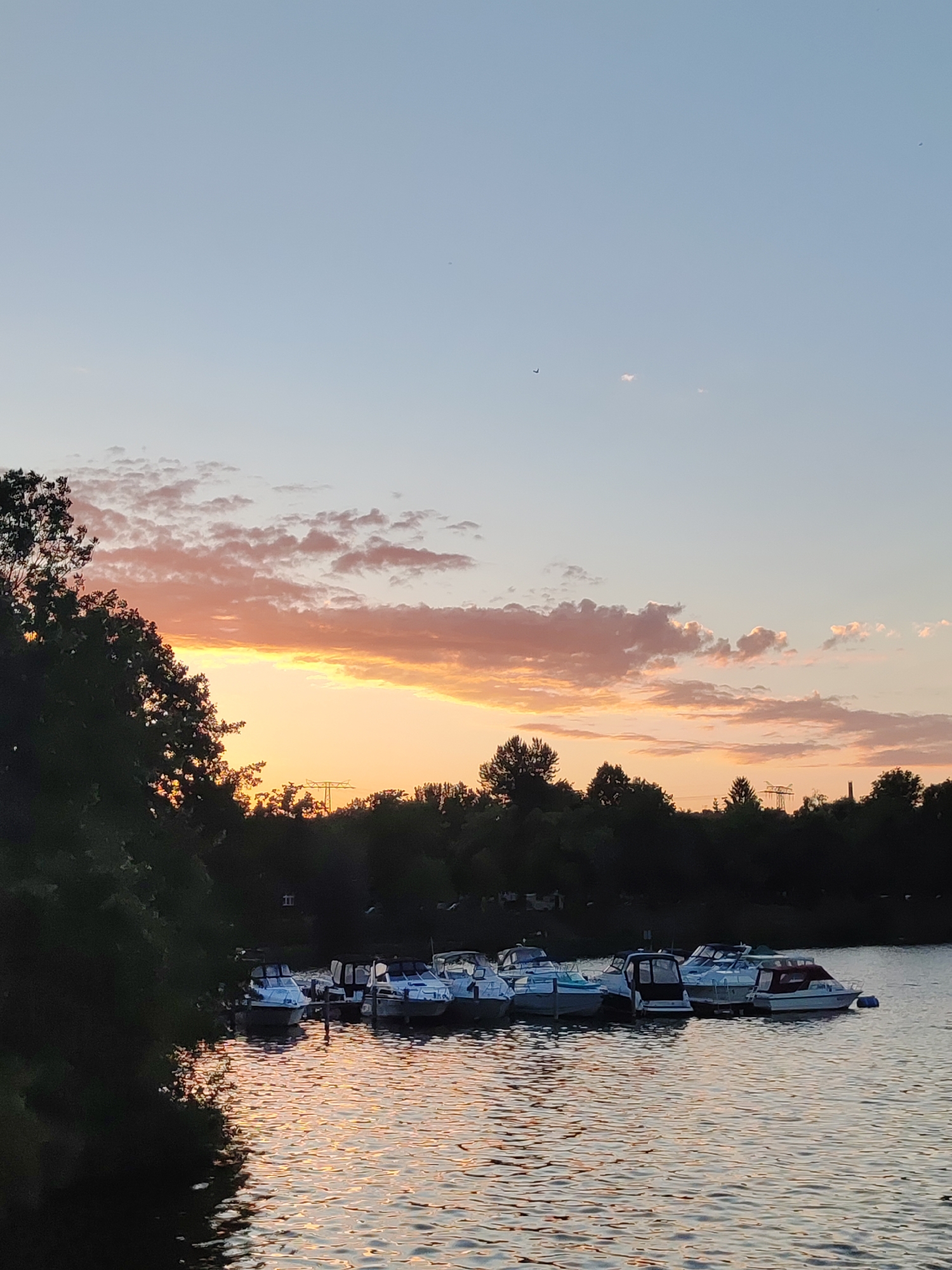 The image captures a serene sunset scene over a body of water in Schwerin, Germany. A line of docked boats, varying in size and design, are positioned on the calm water, their reflections shimmering on the surface. The sky is painted with hues of orange and pink, with wispy clouds streaking across the pale blue expanse, indicating the approaching evening. Silhouetted trees line the distant shore, with a few man-made structures, possibly power lines, visible against the twilight sky. The foreground features the dark, leafy branches of trees, adding depth to the composition. There are no people visible in the scene, and no discernible actions or interactions are taking place. The overall impression is one of tranquility and natural beauty.