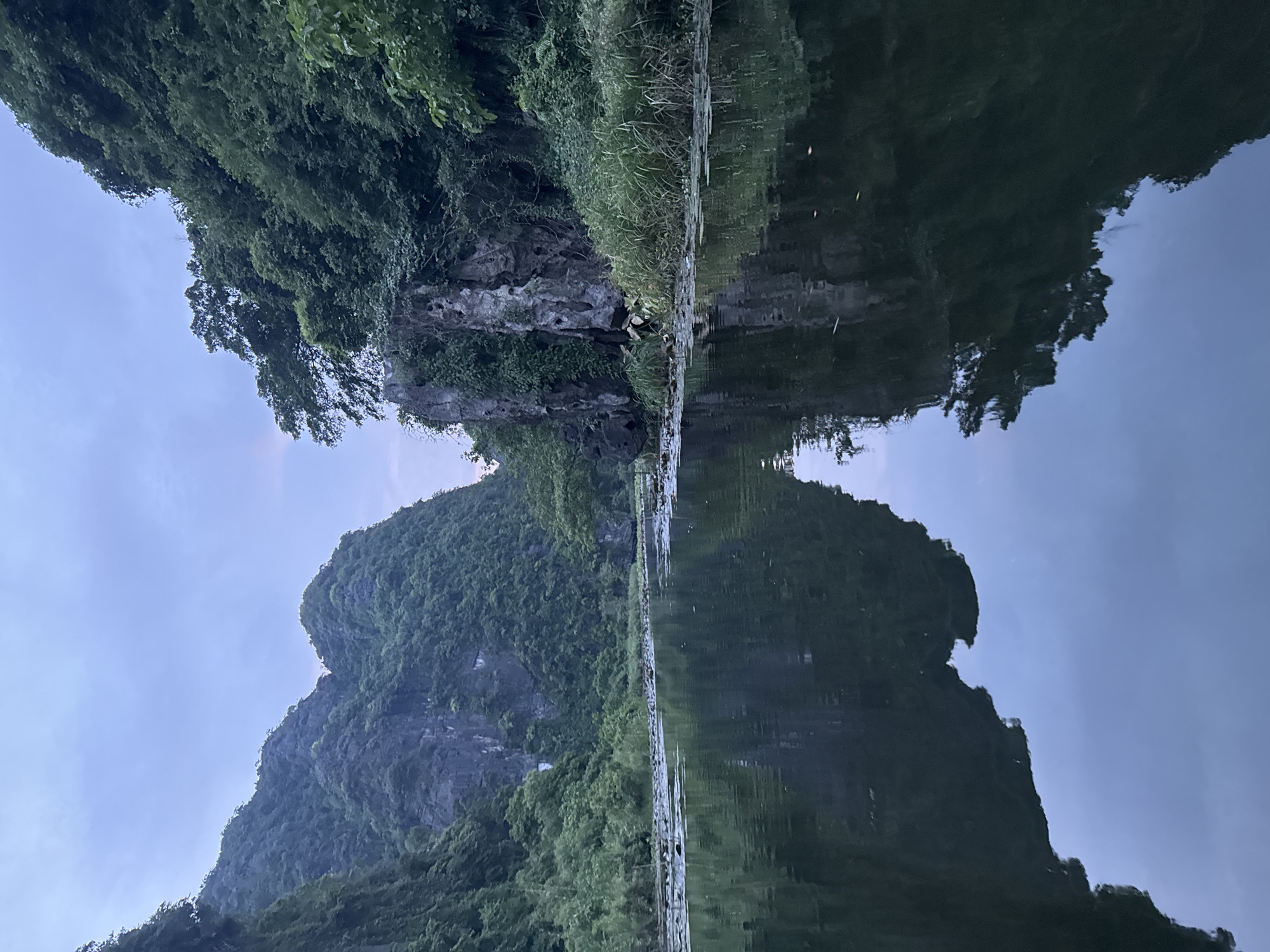 The image depicts a serene natural landscape in Nam Hoa Lư Ward, Vietnam, characterized by towering karst mountains covered in lush greenery. A calm river or lake occupies the foreground, its surface reflecting the imposing mountains and the soft, overcast sky. The water is dotted with lily pads, and reeds line the banks of the river. In the mid-ground, the river narrows, winding between the mountainous terrain. The overall atmosphere is peaceful and tranquil, indicative of an early morning or late evening scene due to the subdued lighting. No people are visible in the frame.
