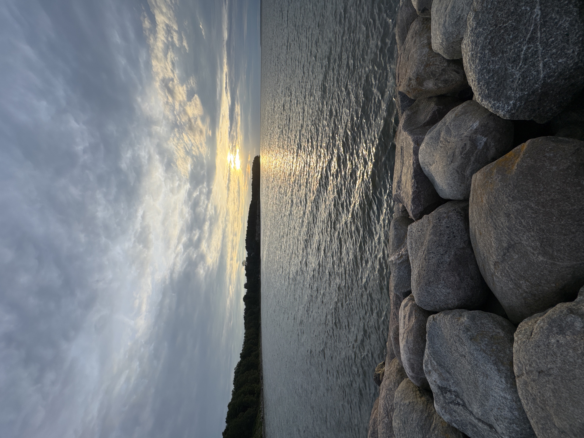 The image shows a serene seascape with a sunset. The sun, low in the sky, casts a golden glow on the rippling water, creating a shimmering effect. The sky is filled with scattered clouds, painted in shades of grey and white, with hints of yellow and orange from the setting sun.
To the left, a dark, tree-lined shoreline stretches into the distance, providing a contrast to the open water. On the right, a textured barrier of large, grey rocks lines the edge of the water. These rocks appear to be natural formations or part of a man-made structure, possibly a breakwater or seawall.
The overall scene evokes a sense of calm and natural beauty. The lighting suggests it is either sunrise or sunset, with the warm hues indicating the latter. The presence of the sea, shoreline, and rocks points to a coastal location. Given the location context of Tallinn, Estonia, this could be a view of the Baltic Sea. There is no visible text in the image.