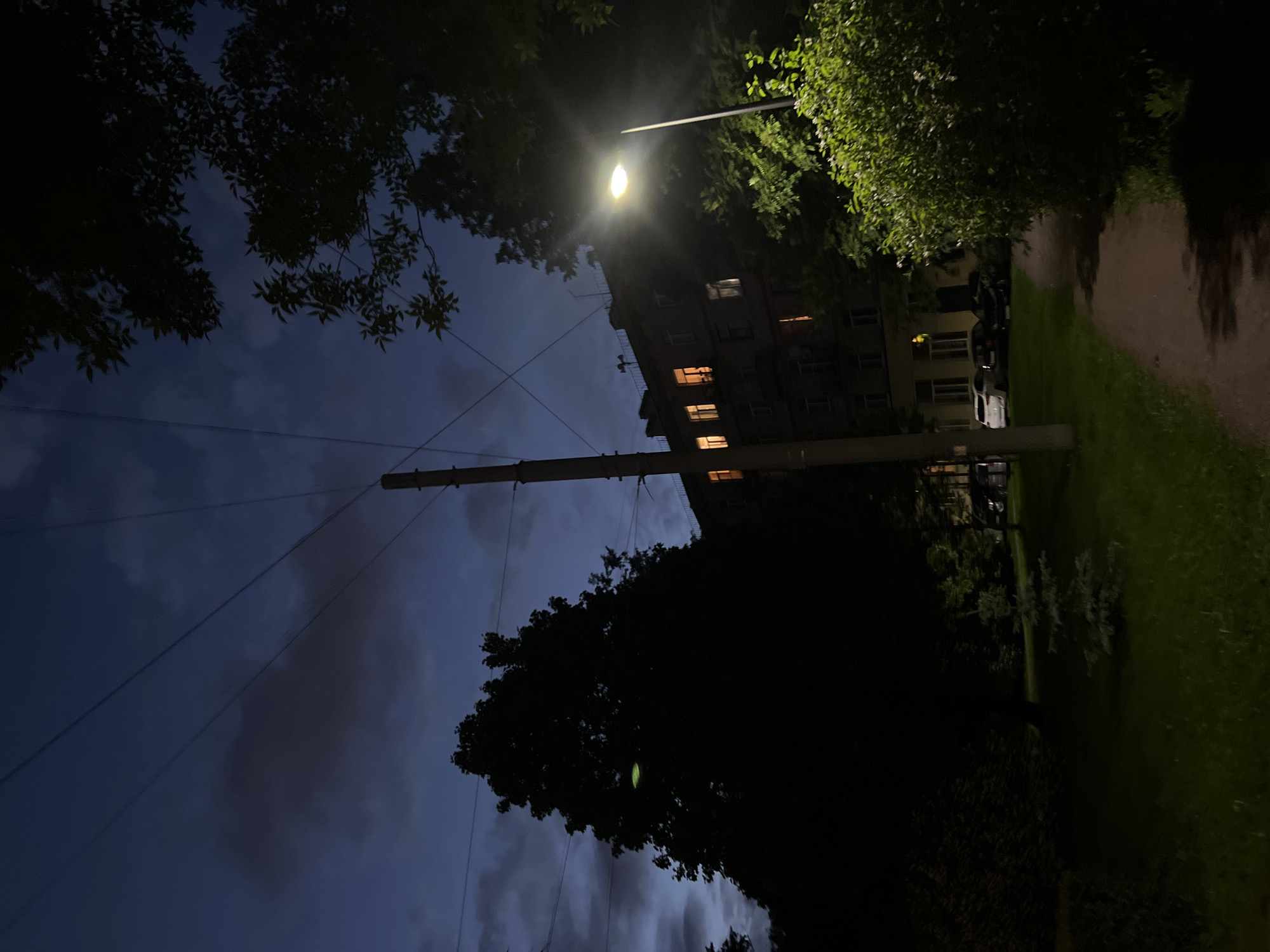 The image captures a dimly lit scene in Saint Petersburg, Russia, during what appears to be twilight or early night. The sky is a deep blue, with scattered clouds and the faint silhouette of overhead wires. A tall utility pole stands prominently in the center, supporting these wires.
To the left, a large, dark tree dominates the foreground, its silhouette stark against the sky. In the mid-ground, a multi-story building is visible, with several windows illuminated by a warm, orange light, suggesting inhabitants are present. A streetlamp on the right side of the image casts a bright, white glow, illuminating a dense patch of green foliage in the lower right corner.
A paved pathway curves through the grass in the foreground, leading towards the building. Several cars are parked on the street in front of the building, partially obscured by trees and the fading light. The overall atmosphere is quiet and somewhat mysterious, with the artificial lights contrasting with the natural darkness.