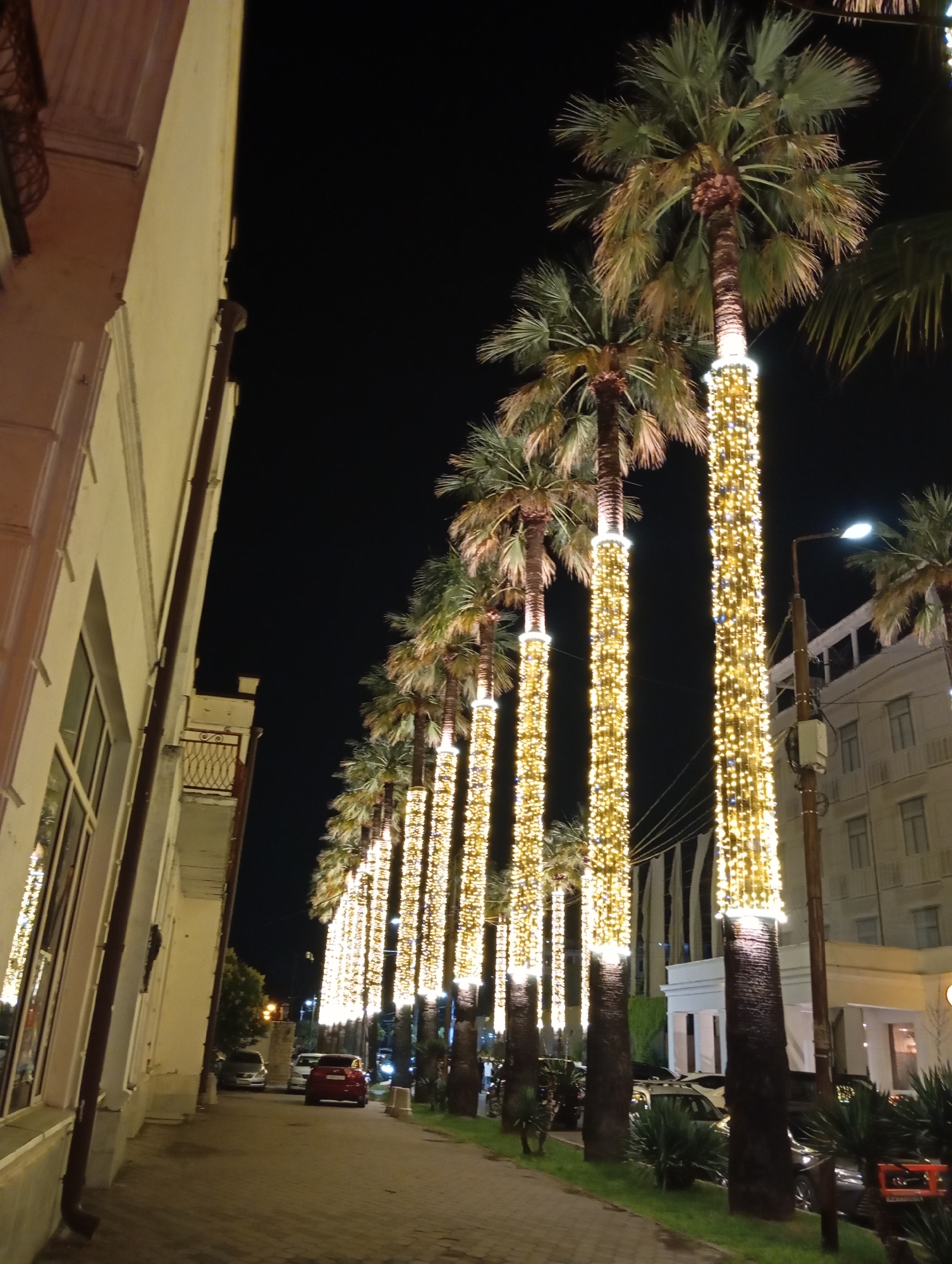 The image depicts a street scene at night in Sokhumi, Abkhazia, characterized by a row of palm trees adorned with bright, golden string lights. The trees line a paved walkway, with a building on the left side of the frame. The building is light-colored, with visible windows and architectural details. On the right side, another building with multiple windows is partially visible, as is a street lamp. Several cars are parked along the street. The overall atmosphere is festive and urban, with the illuminated palm trees creating a decorative effect.