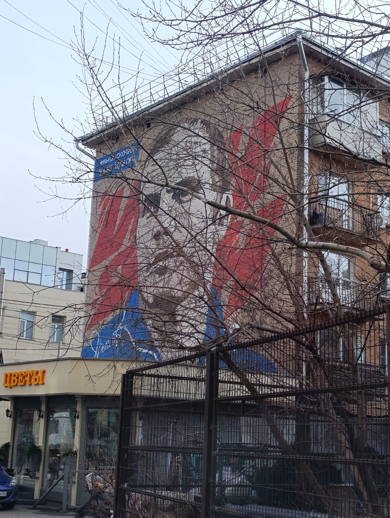 A tall, brick building in Krasnoyarsk, Russia, serves as the canvas for a prominent street art mural, partially obscured by the bare branches of dormant trees in the foreground. The mural depicts a large portrait of a man's face, rendered in brown and muted tones, set against dynamic, angular swathes of red and blue, which also form part of his clothing. The top-left corner of the mural features text within a blue box, reading "#МЫСКОРЫ" (We are quick/fast) in white Cyrillic letters.
The building's right side reveals several windows and balconies with dark railings. Below the mural, at street level, a flower shop is visible, identified by a bright yellow sign displaying "ЦВЕТЫ" (Flowers) in Cyrillic. The shop features large glass windows, showcasing items within, and has ornate wall-mounted lights flanking its entrance. A dark metal fence runs across the lower part of the image, further dividing the street from the building.
The sky is overcast, suggesting a cloudy daytime. A blue car is partially visible parked near the flower shop. In the background, a modern building with a glass facade can be seen. The scene captures an urban environment where art, commerce, and architecture converge, framed by the skeletal branches of a winter or early spring landscape.