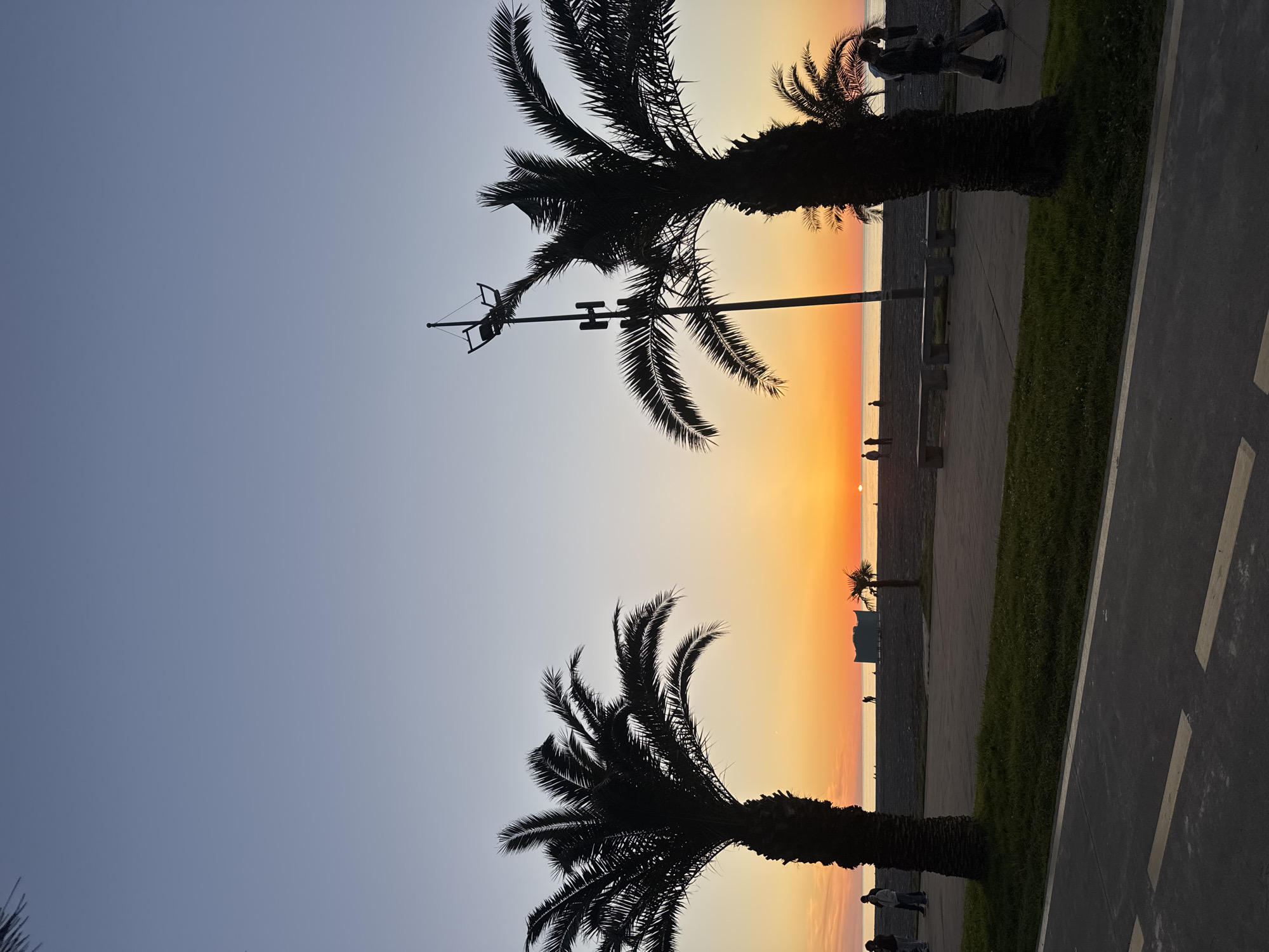 The image captures a sunset scene, likely along a beach promenade. Two silhouetted palm trees dominate the foreground, framing the vibrant orange and yellow hues of the setting sun. The skyline is partially obscured by a distant building. Several human figures are visible on the beach and along the promenade, suggesting a recreational area. To the right, a segment of a paved pathway or road is visible, marked with white lines. A light pole is also captured between the palm trees. The location appears to be a coastal area, potentially a city beach promenade.