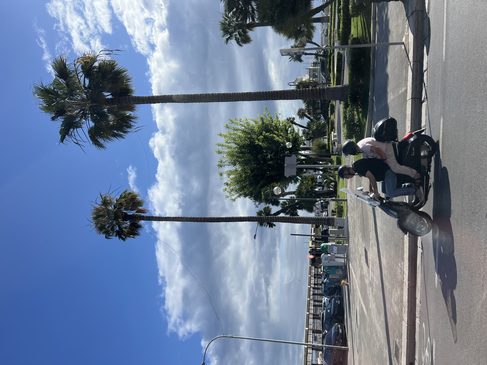The image presents a sunlit street scene, likely a promenade, in Bari, Italy. The prominent features are two tall palm trees with slender trunks and green fronds, standing on the left side of the frame against a vibrant blue sky filled with scattered white clouds.
On the right side, a paved road is visible, separated from a pedestrian area by a concrete curb and sidewalk. Two individuals are seated on a dark-colored scooter or moped, positioned on the road near the curb. Both are wearing helmets; the driver, in front, has a dark helmet and dark clothing, while the passenger behind is dressed in a light-colored top and pants with a dark helmet. A black storage box is affixed to the back of the scooter.
Adjacent to the sidewalk and extending into the midground, there is a landscaped area with various green trees and hedges, indicating a park or a well-maintained urban green space. More palm trees can be seen further in the background within this green expanse. The bright sunlight creates clear shadows on the road and sidewalk, signifying a clear and sunny day. The overall ambiance is that of a pleasant, warm-weather urban environment, possibly coastal, given the presence of palm trees and the implied setting in Bari. No visible text is discernible within the image.