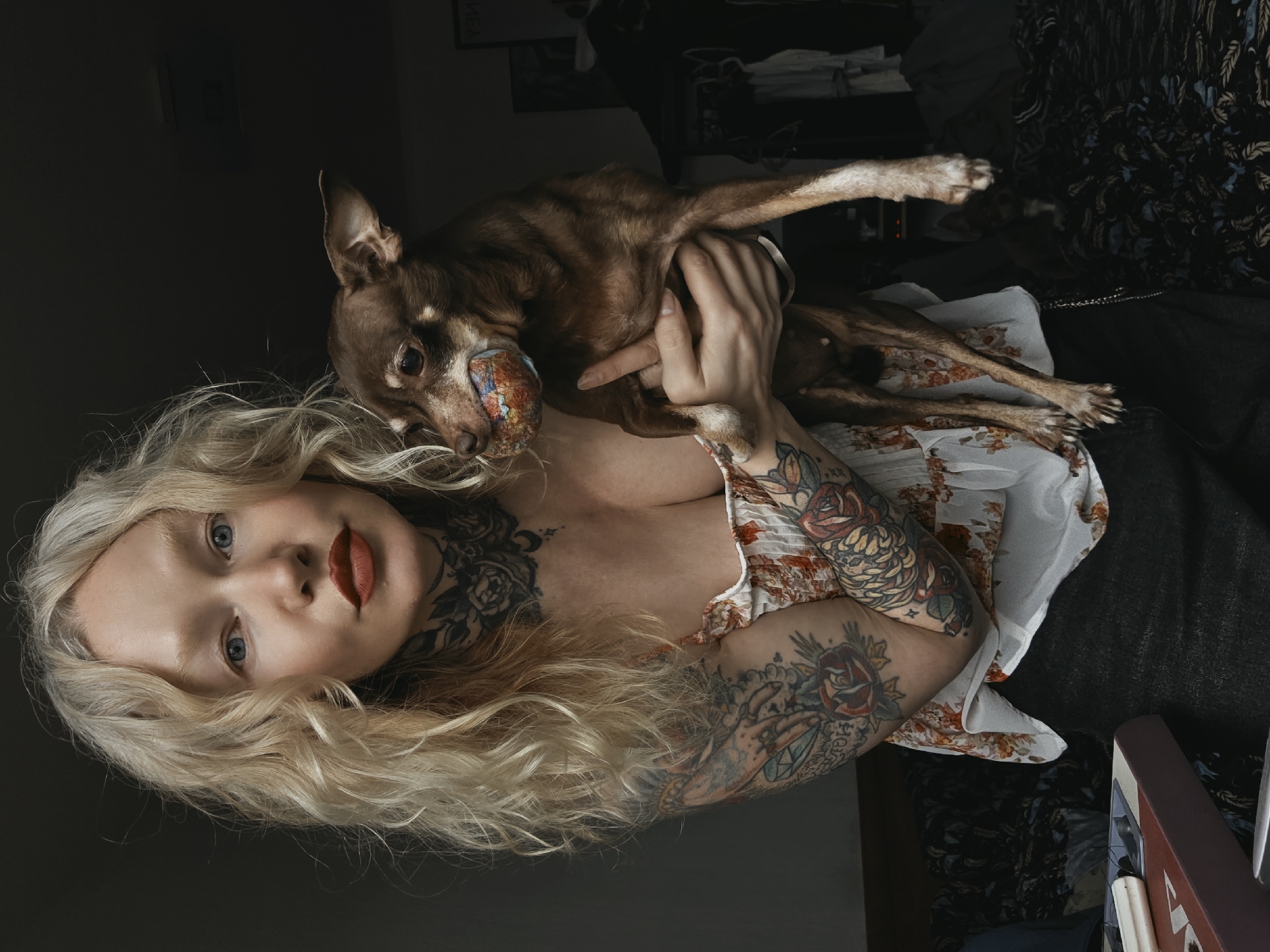 A woman with blonde, wavy hair is holding a small brown chihuahua. She has blue eyes and red lipstick. The woman has tattoos on her neck and arms. She is wearing a white floral top. The dog is holding a toy in its mouth. The background is dark. The image appears to have been taken indoors. The location in the city of Saint Petersburg, Russia, is not discernible from the image.