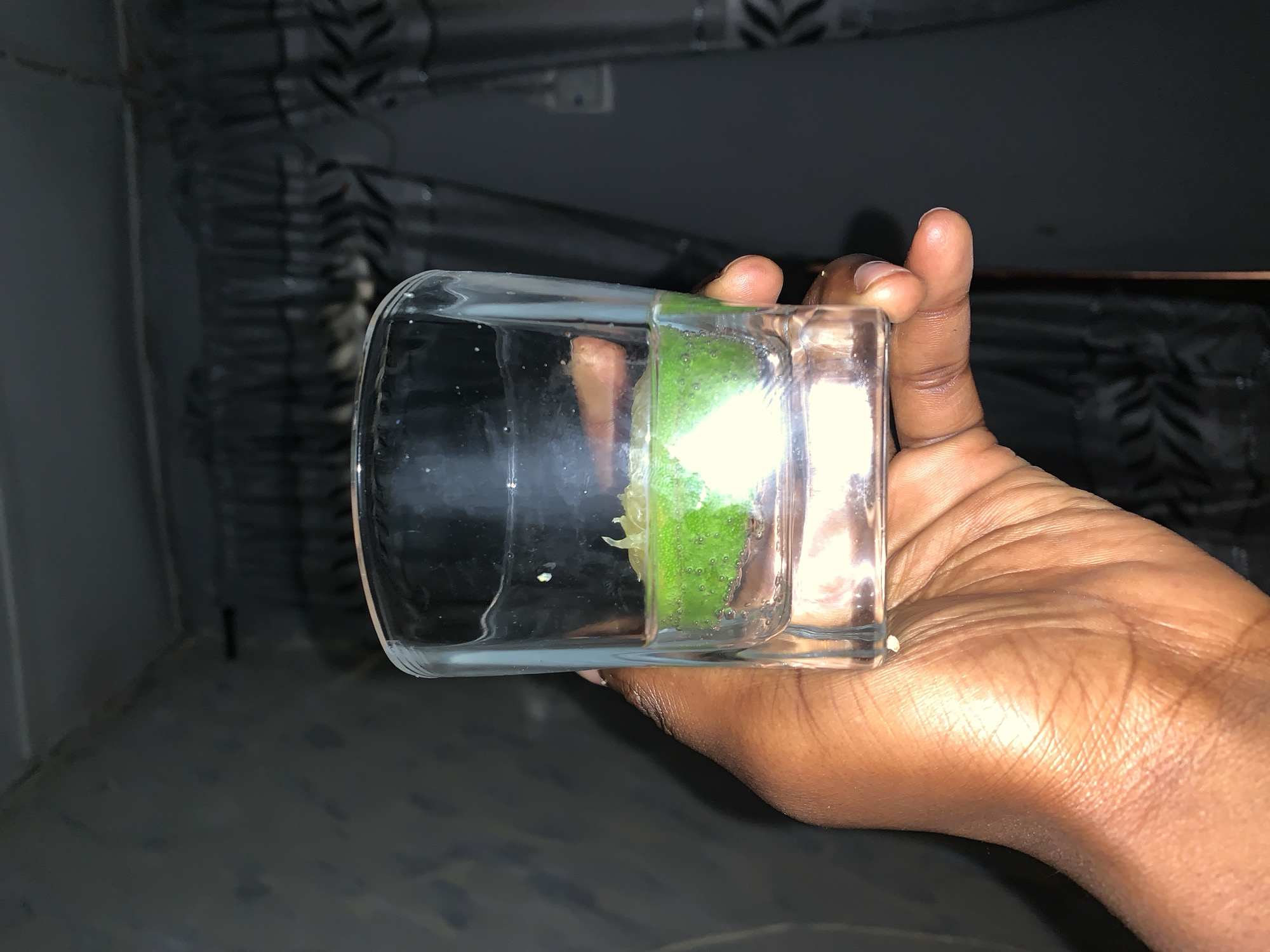 A hand is holding a glass filled with water and a piece of lime. The background shows a gray, industrial setting with a corrugated metal structure. The location is unknown.