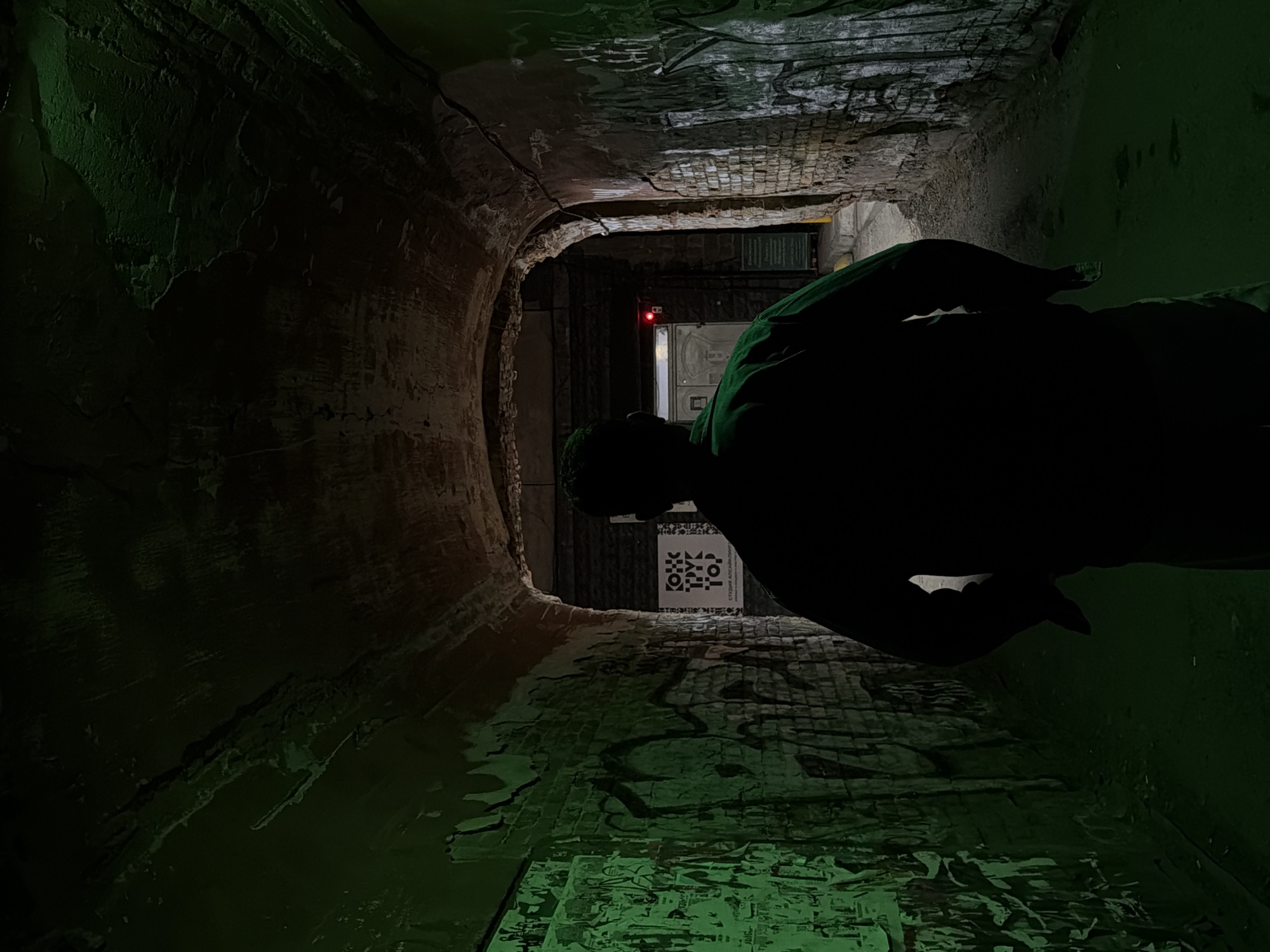 A low-angle shot of a dimly lit tunnel in Krasnoyarsk, Russia, reveals a silhouette of a person standing near the tunnel's end. The tunnel is constructed with rough, uneven brick and concrete, showing signs of age and possible decay. Graffiti and posters cover the lower portions of the tunnel walls. A red light is visible at the end of the tunnel. A sign with black and white lettering is to the left.