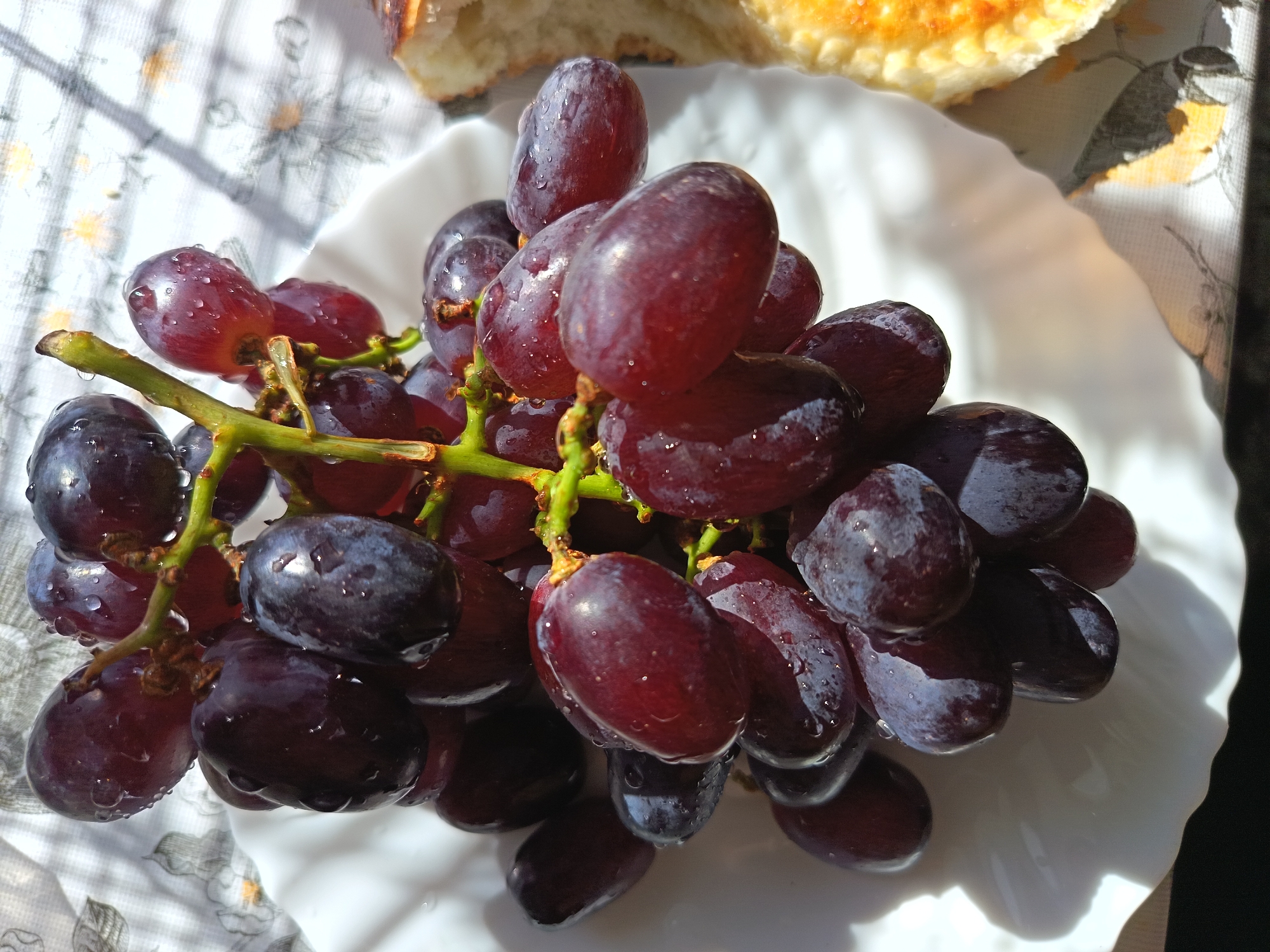 A close-up shot depicts a bunch of red grapes on a white plate. Some grapes have water droplets on them. In the background, a piece of bread is visible. The plate sits on a tablecloth with a floral pattern. There is no indication that this image was taken in Nizhnevartovsk, Russia.