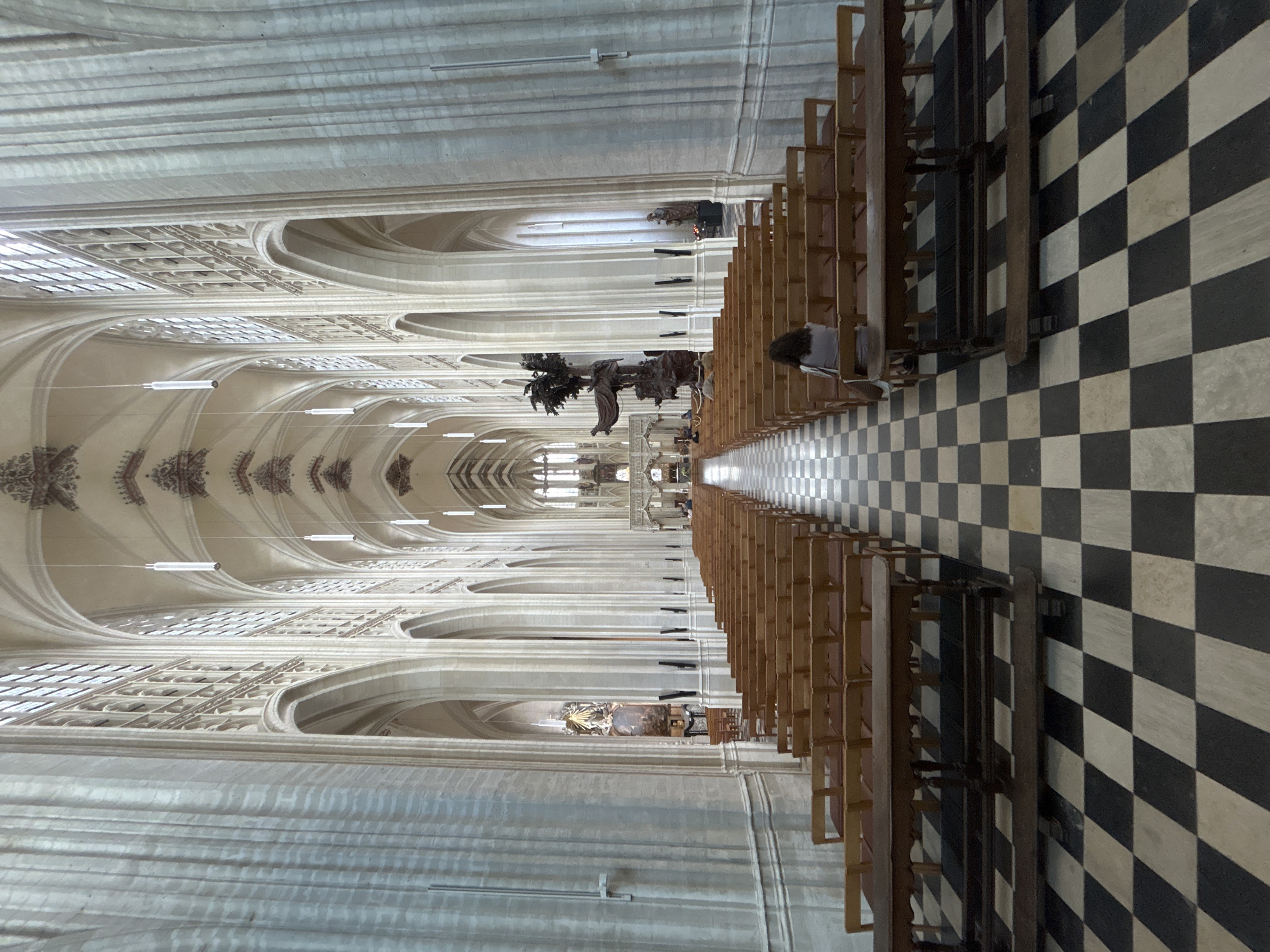 This is an interior view of St. Peter's Church (Sint-Pieterskerk) in Leuven, Belgium. The image captures the vast nave of the church, characterized by soaring Gothic architecture. Tall, fluted columns line both sides of the nave, supporting ribbed vaults and a series of arched windows that admit natural light. Rows of wooden pews, some with attached benches, fill the central aisle, arranged symmetrically. The floor is paved with a striking black and white checkerboard pattern.
In the foreground, a person is seated on a pew, viewed from behind, facing towards the altar area which is not fully visible. Further down the nave, other individuals are visible, some seated, others standing or walking. A large, dark wooden sculpture, possibly an altarpiece or a decorative element, is positioned on the right side of the nave. Hanging lights are suspended from the ceiling, contributing to the illumination of the space. The overall impression is one of grandeur, solemnity, and architectural magnificence.