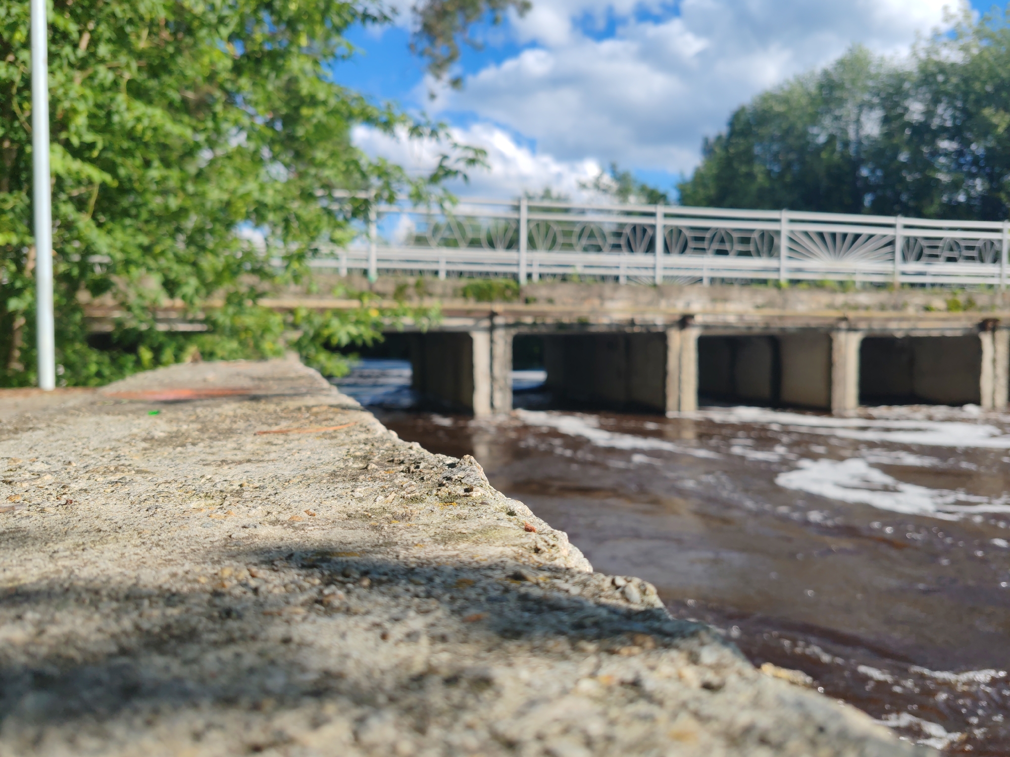 A concrete embankment curves into the foreground of the image, with a body of brown, frothy water flowing past it and under a concrete bridge in the background. The bridge is supported by multiple concrete pillars and has a white metal railing with decorative circular and sunburst patterns. Trees with green foliage line the riverbanks, and the sky above is blue with scattered white clouds. The scene appears to be in an outdoor, natural setting, possibly near an urban area given the bridge infrastructure. The presence of a concrete embankment suggests a built environment alongside the waterway.