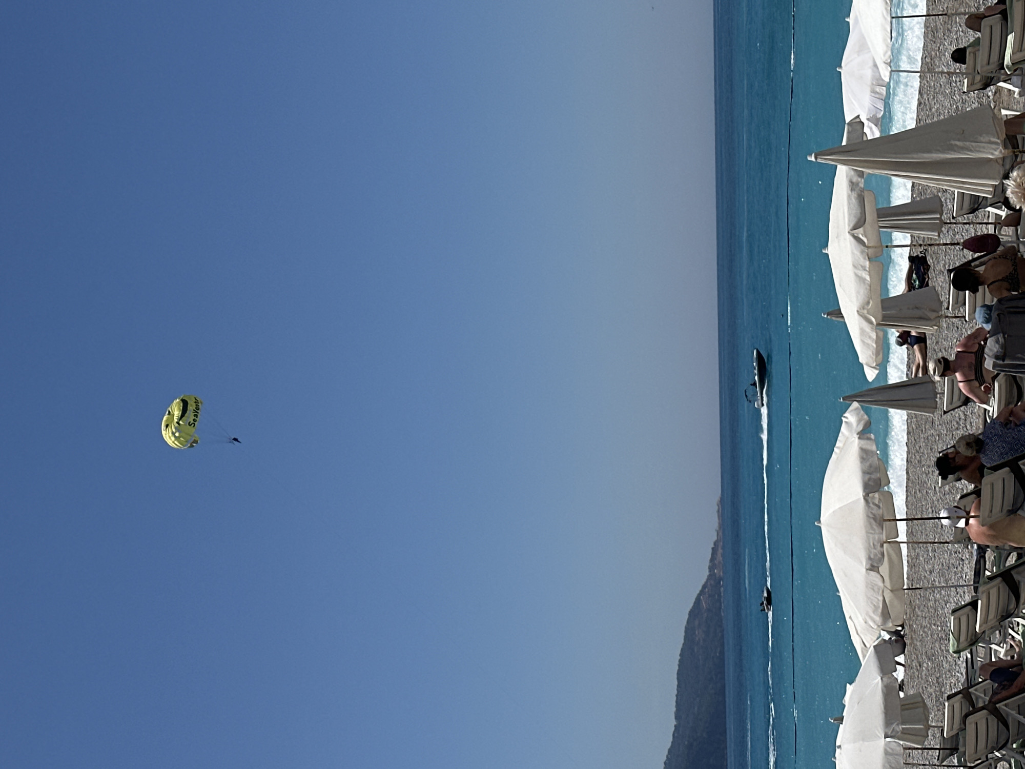 The image depicts a beach scene in Fethiye, Turkey, with a clear blue sky and turquoise water. The beach has white umbrellas shading beachgoers in chairs. In the sky, a yellow and black parasail is being pulled by a boat. Several boats are visible in the water. A mountain is in the background.