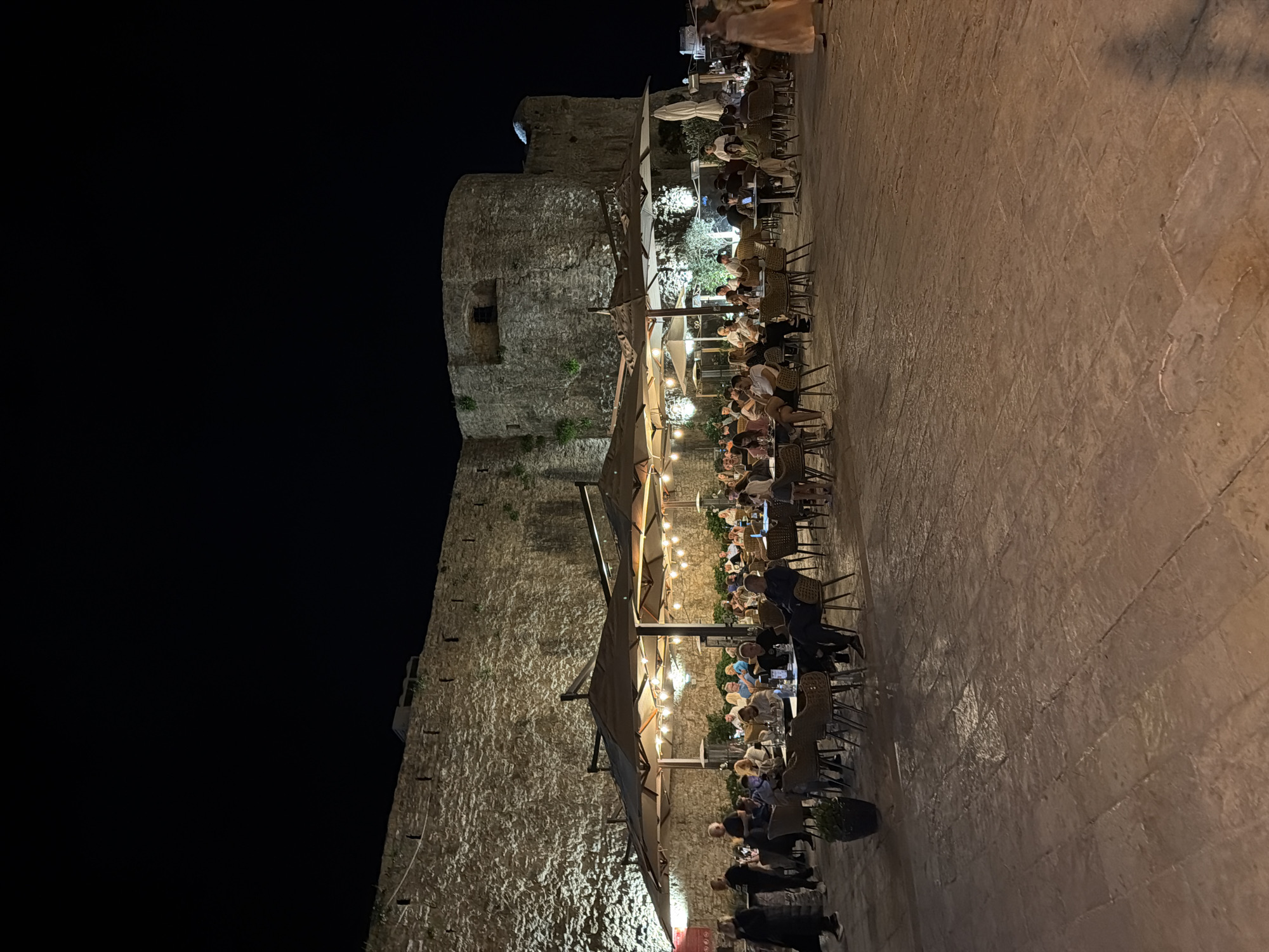 At night, a stone fortress-like structure stands alongside an outdoor restaurant in Budva, Montenegro. Diners sit at numerous tables, each shaded by large umbrellas and illuminated by strings of lights. The fortress wall is textured with stone and features a window or opening. The ground is paved with large stone tiles. Patrons are visible, some seated and others standing or walking. The sky is dark.