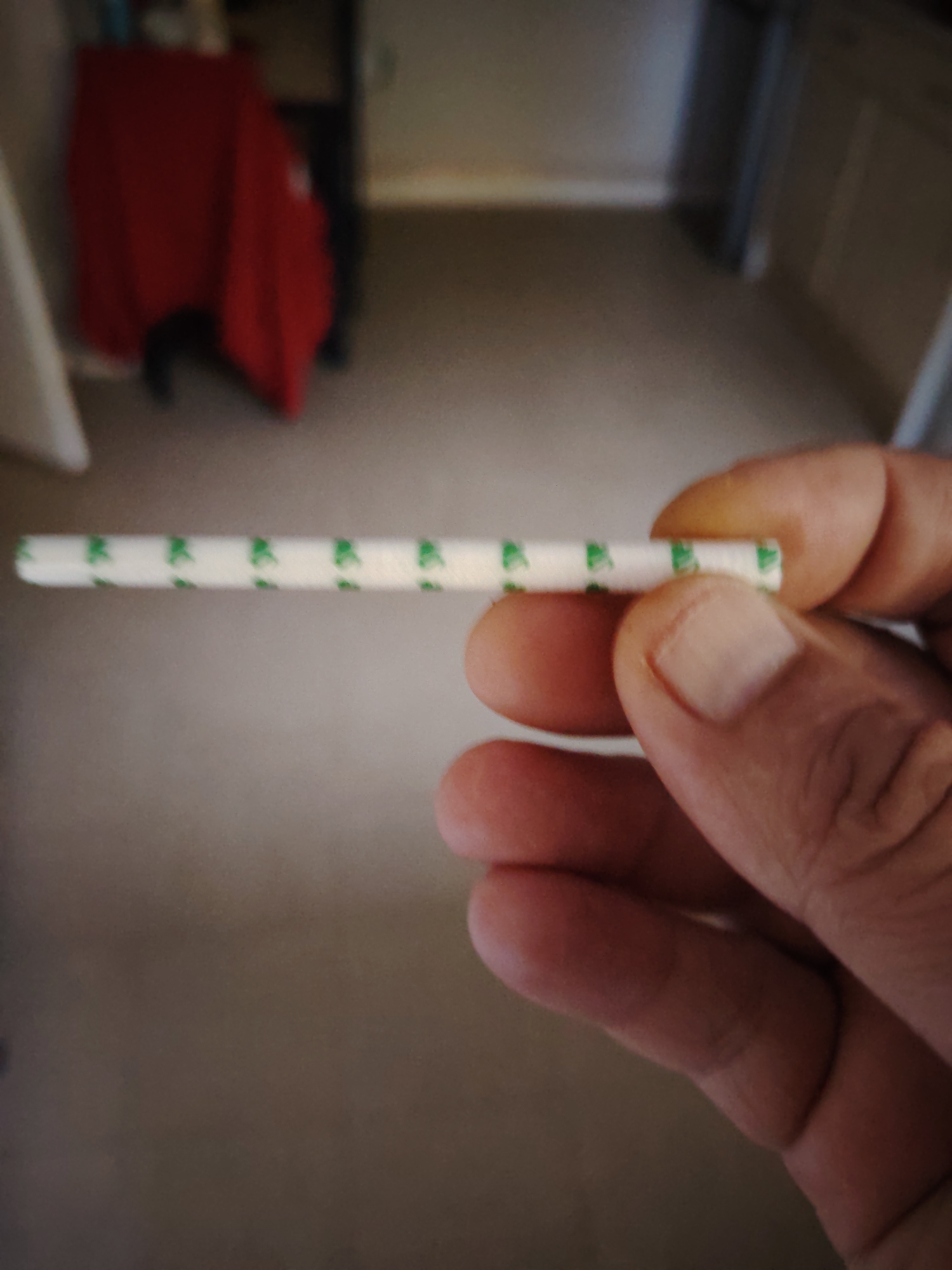 A close-up shot shows a person's hand holding a short, white cylindrical object with green triangular patterns repeated along its length. The object appears to be a rolled piece of paper or a similar material. The background is blurred, but suggests an indoor environment, possibly a home. The flooring appears to be carpeted, and a red draped item is visible in the mid-ground to the left, likely a piece of furniture or clothing. There is no specific indication of the location being in Huntingdonshire, United Kingdom.