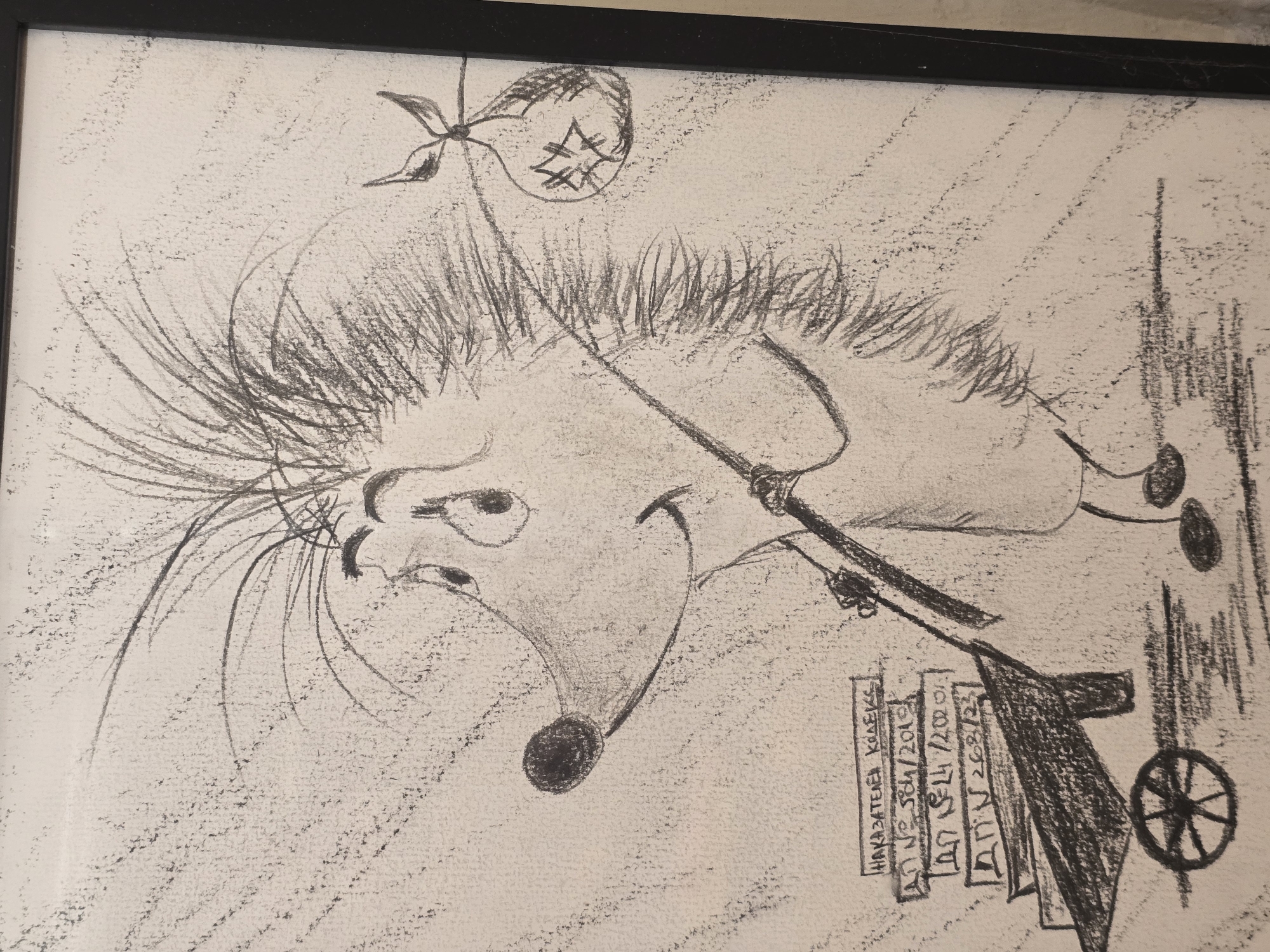 The media file features a whimsical charcoal or pencil drawing of an anthropomorphic cartoon character, resembling a hedgehog or a mouse, rendered on light-colored, textured paper. The character is depicted in profile, facing right, with a large, round black nose, small eyes, and a wide, upward-curving smile that suggests a cheerful or mischievous disposition. Its head is covered in numerous spiky strands of hair or fur, giving it a dishevelled yet energetic appearance.
The character is portrayed as a traveler, carrying a bindle—a cloth sack tied to a stick—slung over its left shoulder. The stick extends downwards to the right, where the character is pulling a small, two-wheeled cart or wagon; one wheel is fully visible at the bottom right. The background is plain, with light charcoal shading providing a subtle sense of depth. The overall drawing style is expressive and cartoonish, conveying a sense of adventure or journey.
In the lower right corner of the drawing, there is a block of handwritten text, likely in Cyrillic script, accompanied by numbers. The visible text reads:
"НАКАЗАТЕЛ КОЛЕКС"
"No 564/2014"
"ΔΠ 24/200.01."
"ΔΠ № 268/23"
The drawing is enclosed within a simple black frame.