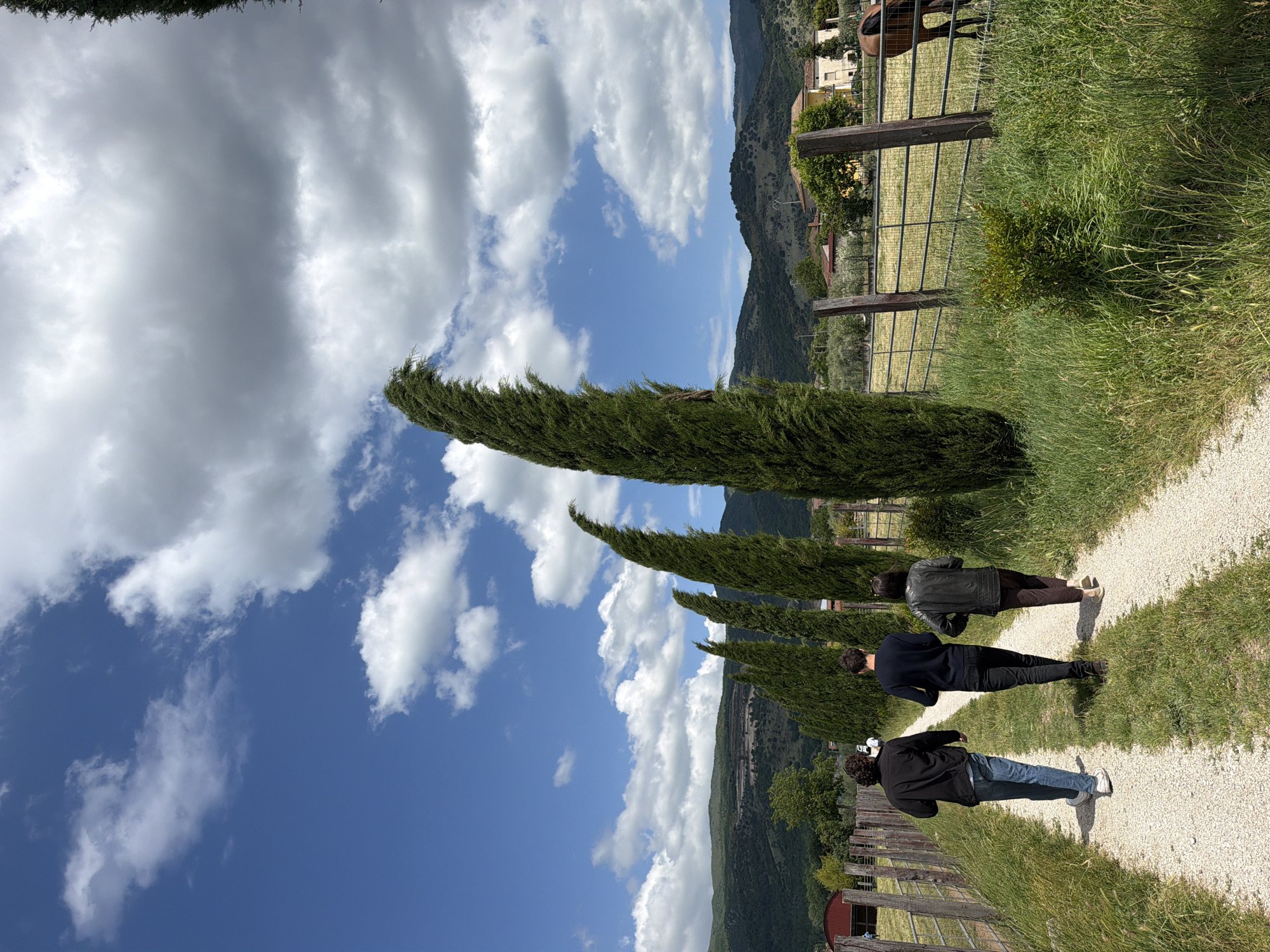 Three people are walking on a gravel path flanked by tall, slender evergreen trees under a cloudy sky. A wooden fence runs parallel to the path on one side, separating it from a grassy field. In the background, rolling hills and mountains are visible, with some buildings nestled on the slopes. The scene appears to be located in a rural area, possibly near Sala Consilina, Italy, as indicated by the landscape and architecture. The people are walking in the same direction along the path.