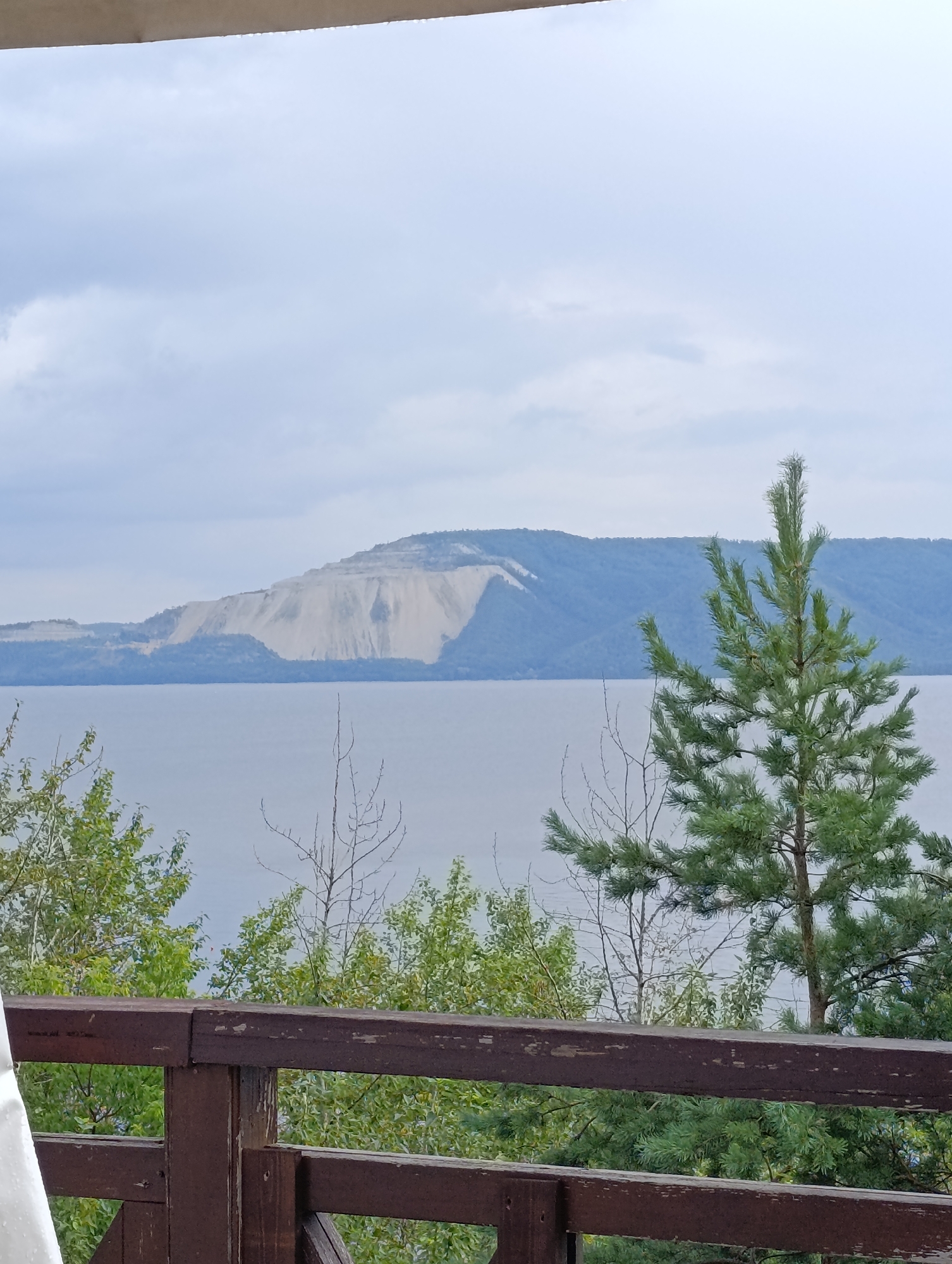 A wide shot of a landscape shows a body of water in the foreground, with trees and a wooden railing in front of it. In the distance, a large hill with a lighter colored section near the top rises behind the trees. The sky is overcast.