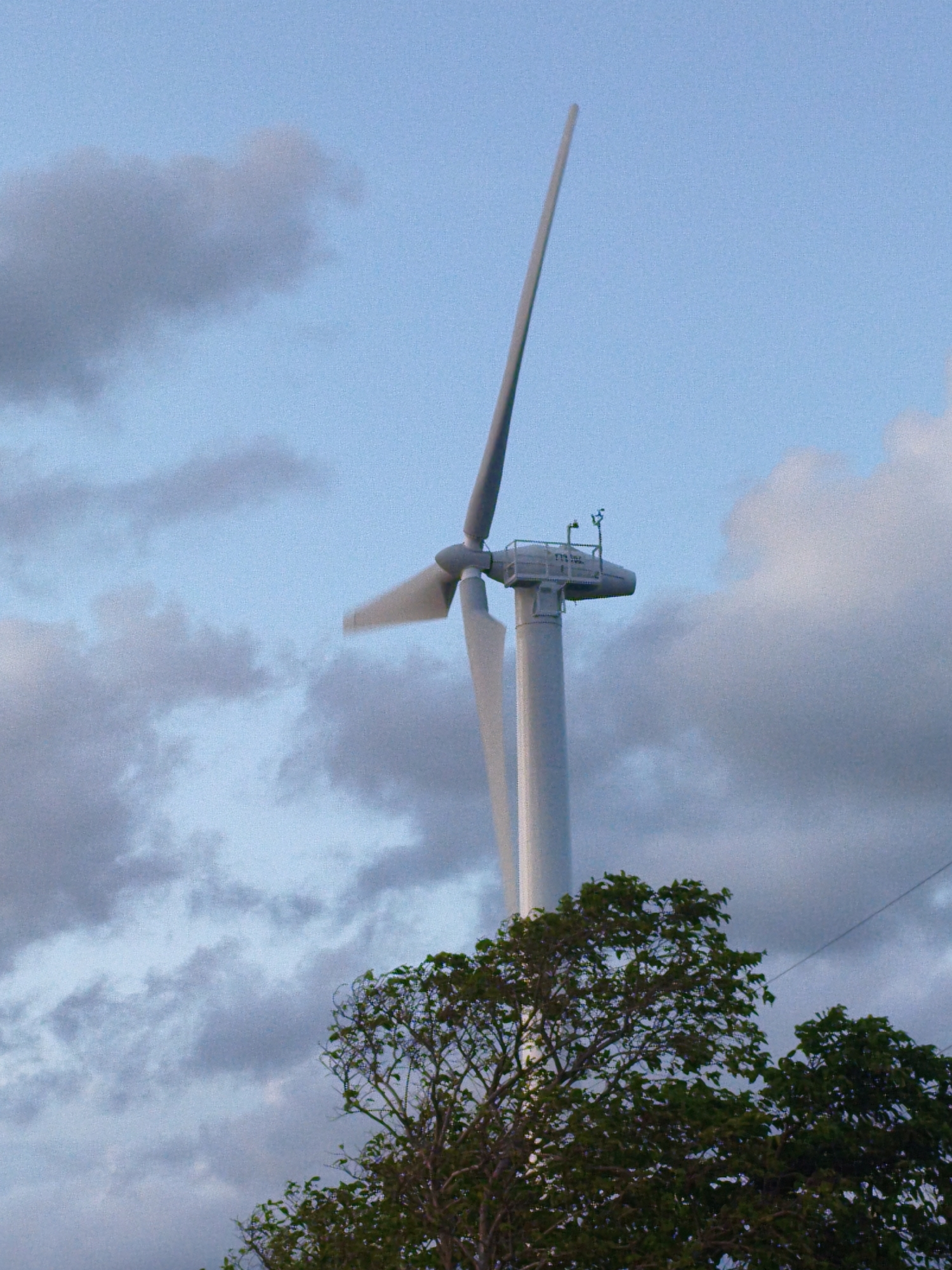 A close-up, low-angle, full-frame shot depicts a tall, white wind turbine against a cloudy, pale blue sky. The turbine's nacelle, the housing for the gearbox and generator, is visible at the top of the tower, with two blades extending upwards and to the left and right. The blades are angled, suggesting the turbine is either in operation or positioned for maintenance. A few dark green treetops are visible in the foreground, obscuring the base of the turbine. The scene appears to be an outdoor, possibly rural or industrial, setting.