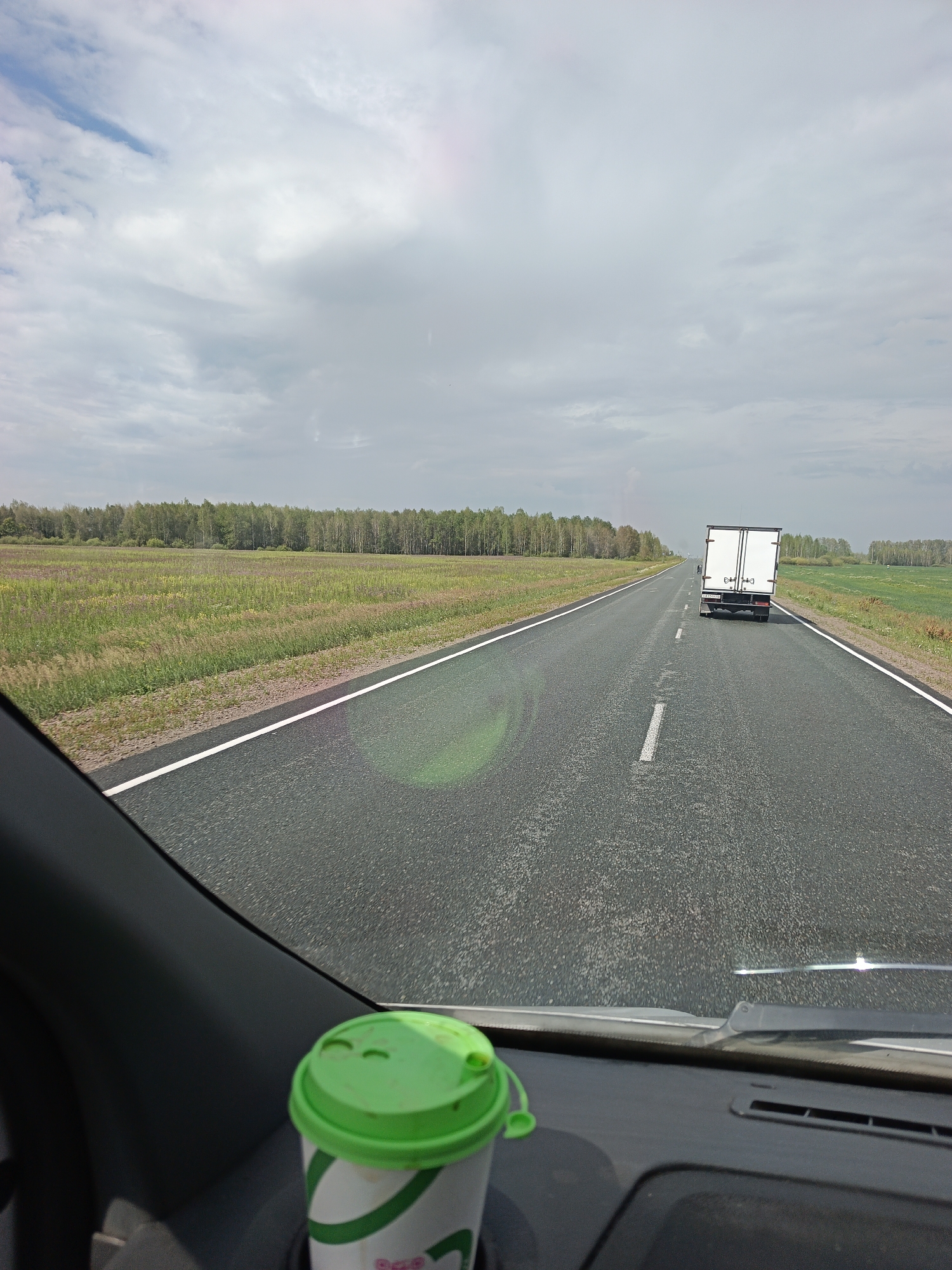The image shows a view from inside a vehicle, looking out through the windshield. In the foreground, on the dashboard, is a white paper cup with a green lid and green and white stripes. The cup is in a holder. The road ahead is asphalt, with white lane markings. To the left of the road is a field of green grass and wildflowers, and further in the distance, a line of trees. To the right of the road, there are more fields and trees. A white truck with a trailer is driving on the road ahead. The sky is cloudy. The scene appears to be a rural road, possibly in the city of Dalmatovo, Russia, given the context provided.