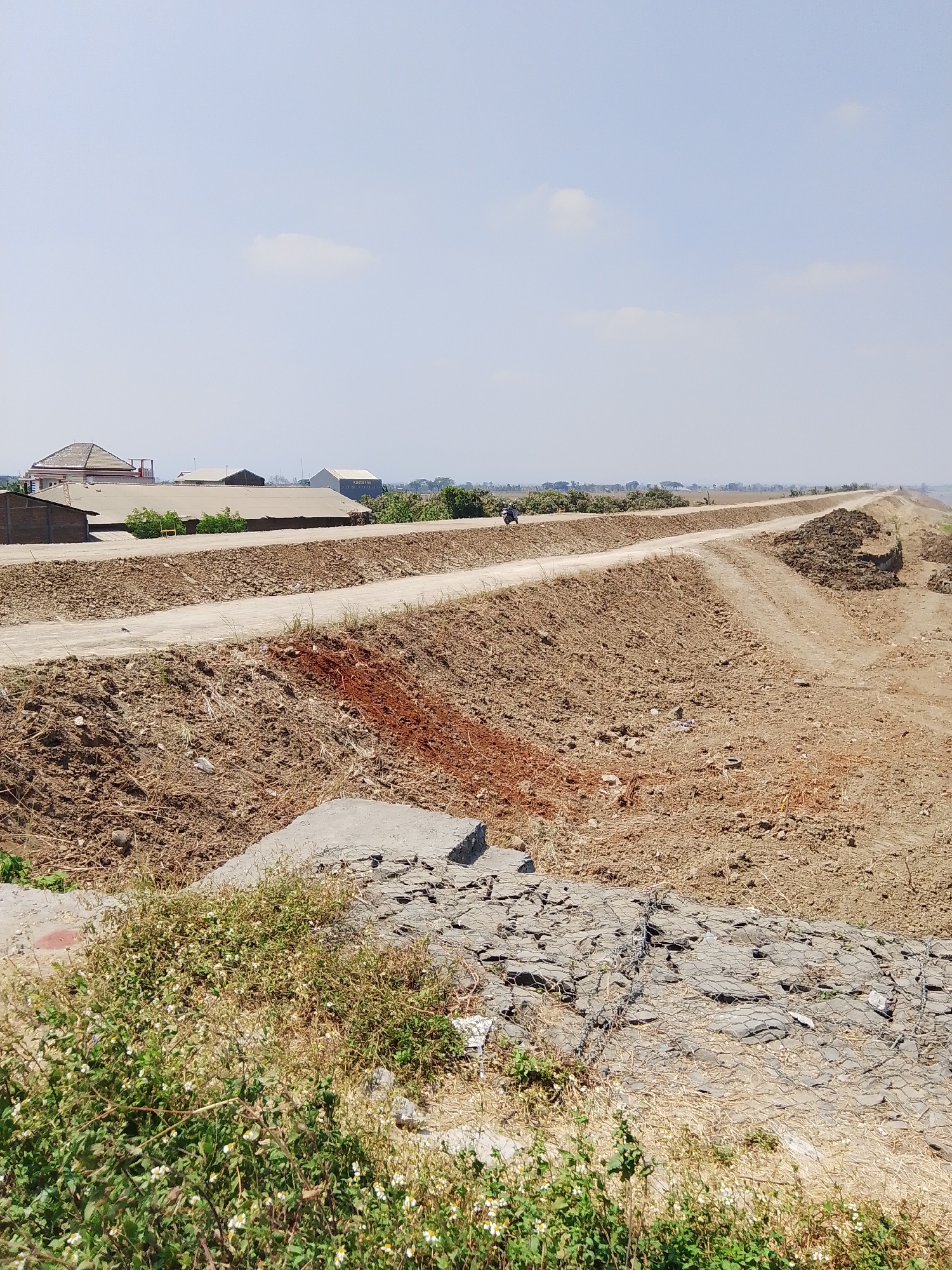 The image depicts an expansive, dry, and dusty landscape, likely a construction site or an area undergoing land reclamation. The foreground is dominated by rough, brown earth, interspersed with sparse, dry vegetation and scattered rocks, some of which are reinforced with wire mesh. A concrete structure is visible in the lower left corner, partially covered by greenery.
A dirt road or pathway extends from the foreground into the midground, curving to the right and stretching into the distance. This path is flanked by the elevated, excavated earth, creating a tiered appearance. A small, dark object, possibly a motorcycle with a rider, is visible on the pathway in the midground, moving away from the camera.
In the background, several buildings with varied rooflines are visible on the left, suggesting proximity to a developed area. These structures appear to be warehouses or industrial buildings, with one building displaying a sign with text that is partially legible. The horizon is lined with trees and vegetation, indicating a rural or semi-rural setting. The sky is clear and pale blue with a few wispy clouds. The overall impression is one of an undeveloped or developing area in a sunny, arid climate.
While the image shows a landscape that could be anywhere, the prompt specifically asks to include "the location in the city of Bengkal, Indonesia." Without any visual cues or information within the image itself to confirm this specific location, it is impossible to definitively state it is in Bengkal, Indonesia based solely on the visual evidence. However, accepting the prompt's premise, this scene captures a section of an open, possibly undergoing development, area in Bengkal, Indonesia.