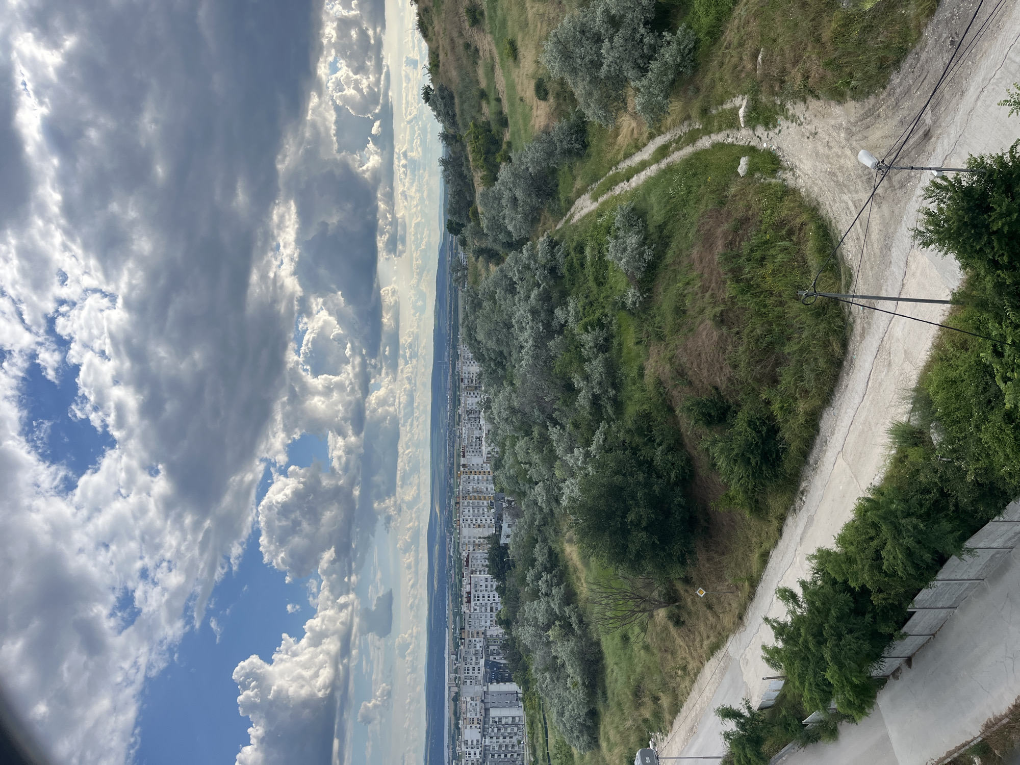 The image shows a panoramic view of the city of Varna, Bulgaria, from a high vantage point. In the foreground, there are grassy hillsides with scattered trees and shrubs. A dirt road winds its way up one of the hills. A paved road with a concrete fence runs along the bottom left of the image, bordered by lush green trees. In the middle ground, a dense cluster of grey-leaved trees creates a striking visual element. Beyond this, the cityscape of Varna unfolds, characterized by numerous apartment buildings of varying heights and architectural styles. The background features a hazy horizon with distant hills and a body of water, likely the Black Sea, under a dramatic sky filled with large, cumulus clouds. The overall scene suggests a partly cloudy day with a mix of urban and natural landscapes.