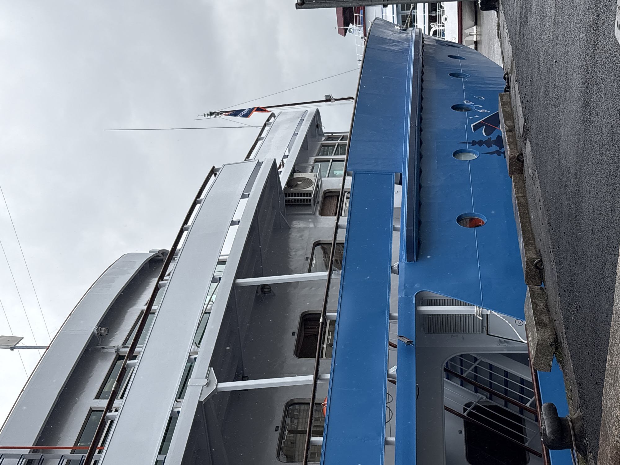 A blue and white, multi-level vessel is docked alongside a stone pier. The blue portion of the vessel has several circular windows and an illustration depicting trees, a hat, and musical notes. A flag is visible atop the vessel. An air conditioning unit can be seen attached to the ship. The sky is overcast. The location is likely Saint Petersburg, Russia, based on the flag and architectural style of the ship.