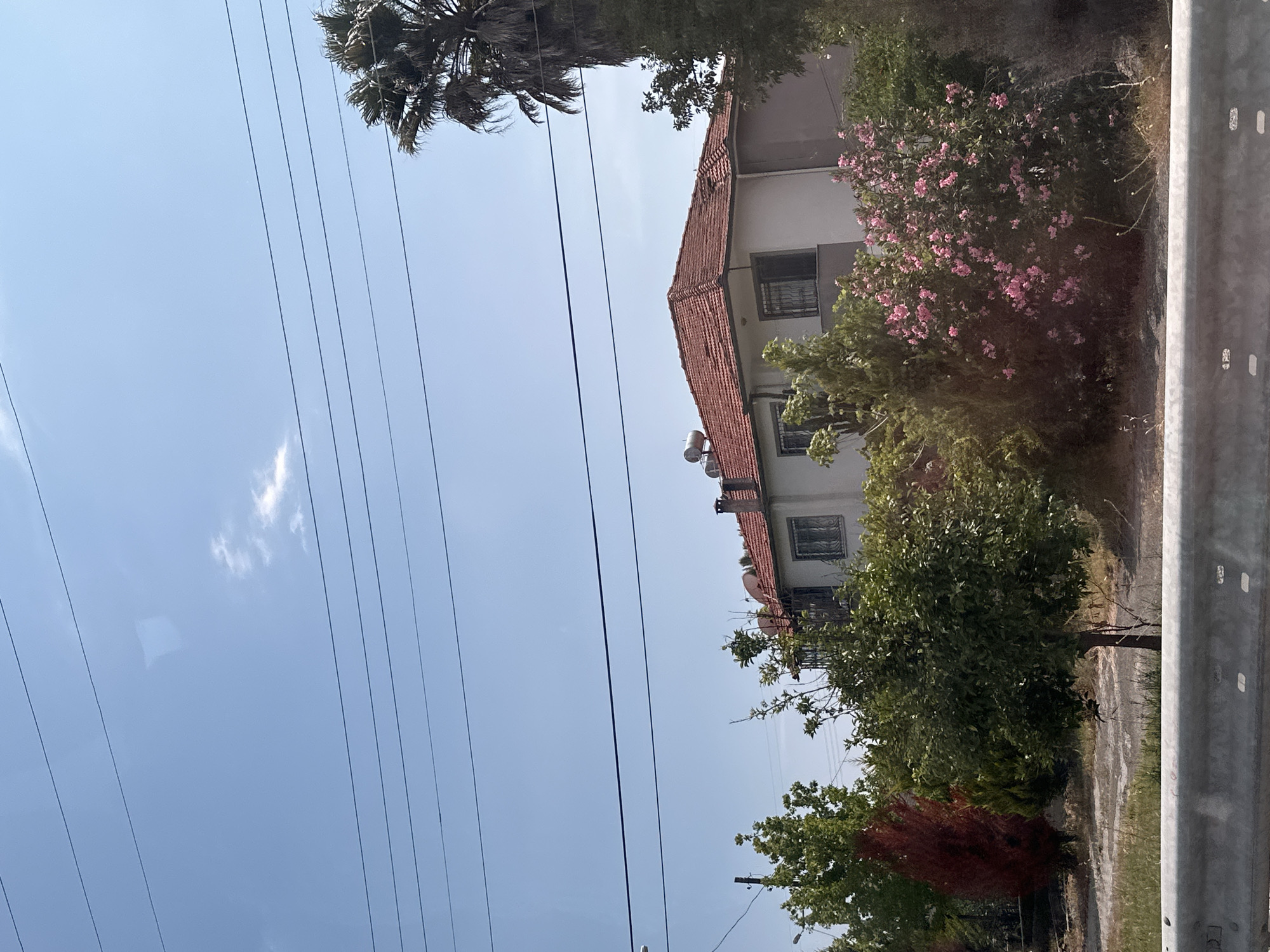 The image captures a residential scene in Dalaman, Turkey. A two-story building with a terracotta tiled roof stands behind lush vegetation, including flowering bushes and various trees. Multiple power lines stretch across a clear blue sky. A palm tree is visible in the top left corner. A roadside barrier suggests the view is from a moving vehicle. There are no visible people or animals. Satellite dishes are fixed on the building roof.