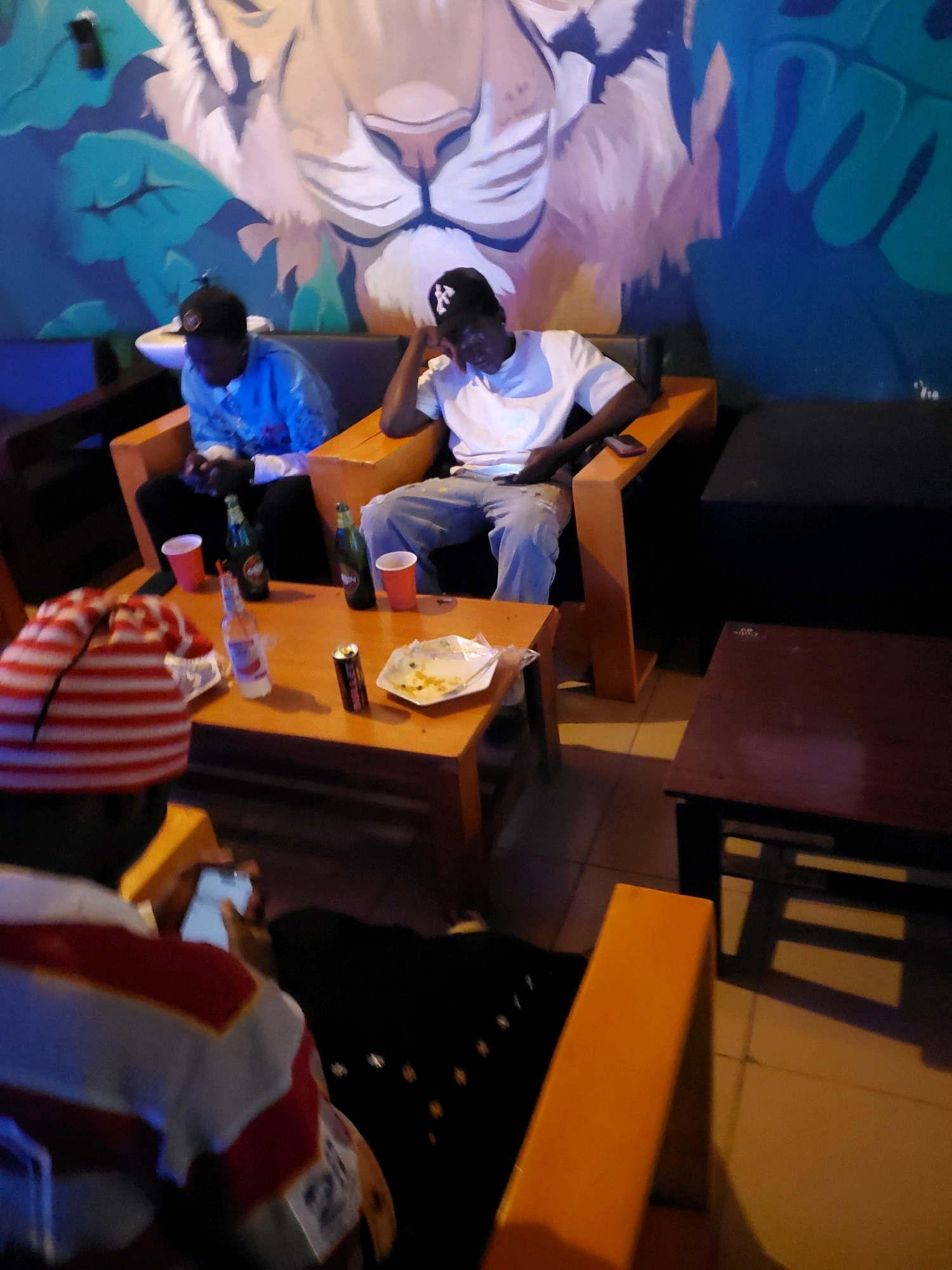 In the city of Jos, Nigeria, an image captures a group of individuals in what appears to be a social gathering, possibly a bar or lounge. The setting is dimly lit, with a vibrant mural of a lion's face adorning the wall behind two young men seated in orange chairs. One man, wearing a blue long-sleeved shirt and a black baseball cap, holds a phone. The other, dressed in a white t-shirt and jeans, rests his head on his hand, also looking at a phone.
A wooden table in front of them holds several items: two green bottles, two red disposable cups, a bottle of clear liquid, a can of soda, and a plate with remnants of food. Another person, partially visible in the foreground, wears a red and white striped garment and is looking at their phone. A second, darker wooden table is visible to the right, with a dark seating area behind it. The floor is tiled. The overall atmosphere suggests a relaxed, casual evening.