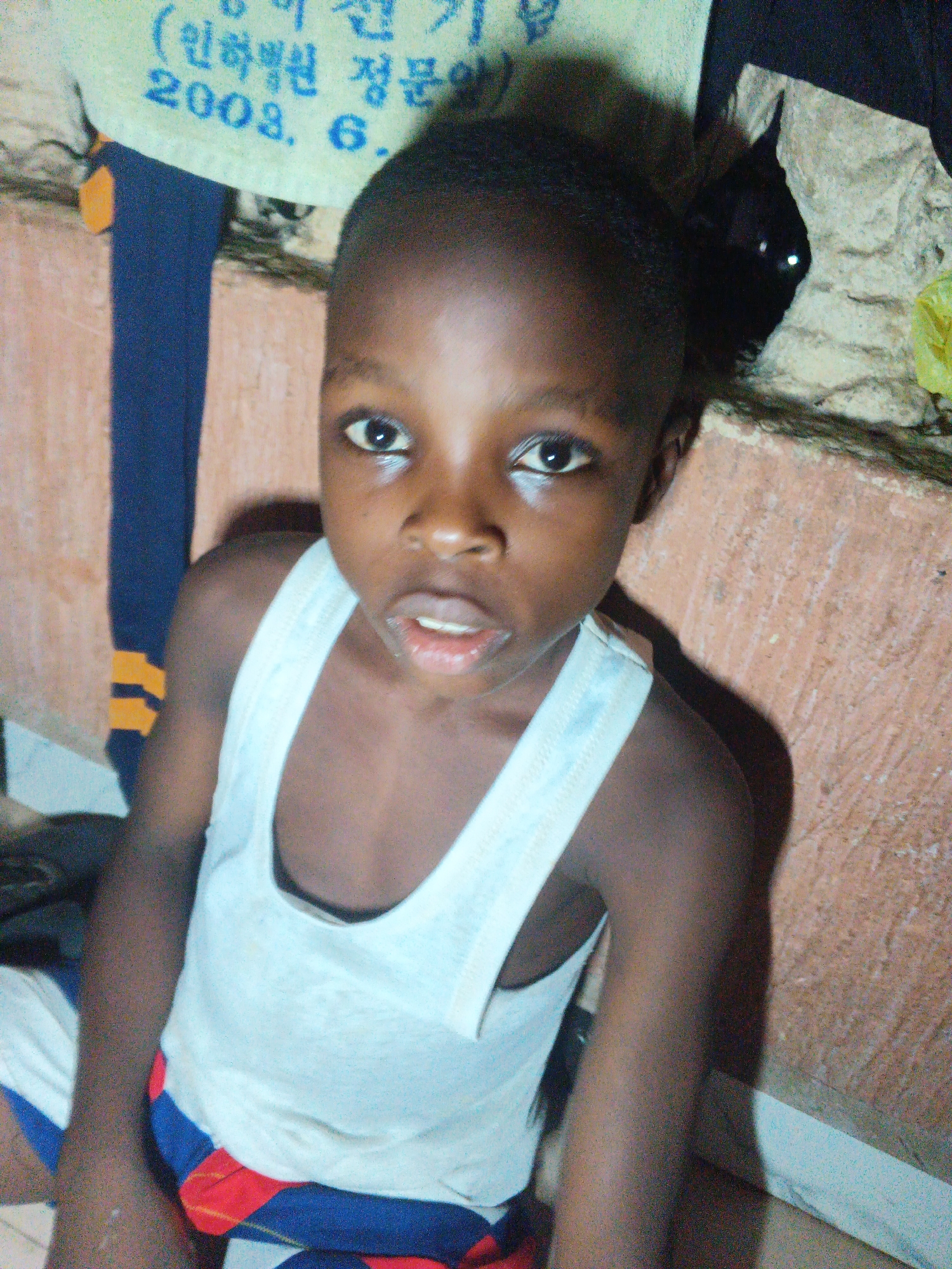 A medium close-up portrait features a young child, likely a boy, with dark skin and short, dark hair, looking directly into the camera. He wears a simple white tank top and colorful shorts with blue, red, and yellow patterns. His mouth is slightly open, and his eyes are wide, conveying a sense of immediacy or curiosity.
The background consists of a textured, reddish-brown wall or surface, possibly concrete or plaster. In the upper left corner, a piece of light-colored fabric or paper is visible, displaying text in Korean characters and numbers. The visible text reads "(인하백원 정문)" which translates to "Inha Hospital Main Gate," followed by "2008. 6.", indicating June 2008. Other faint background elements include dark fabric or objects and a hint of a yellow plastic bag. The lighting suggests an indoor setting, possibly with artificial light, creating subtle shadows behind the child. The scene appears informal and personal, set against a simple backdrop, with the text offering a specific, though potentially contrasting, temporal and cultural reference point to the provided geographical context of Onitsha, Nigeria.