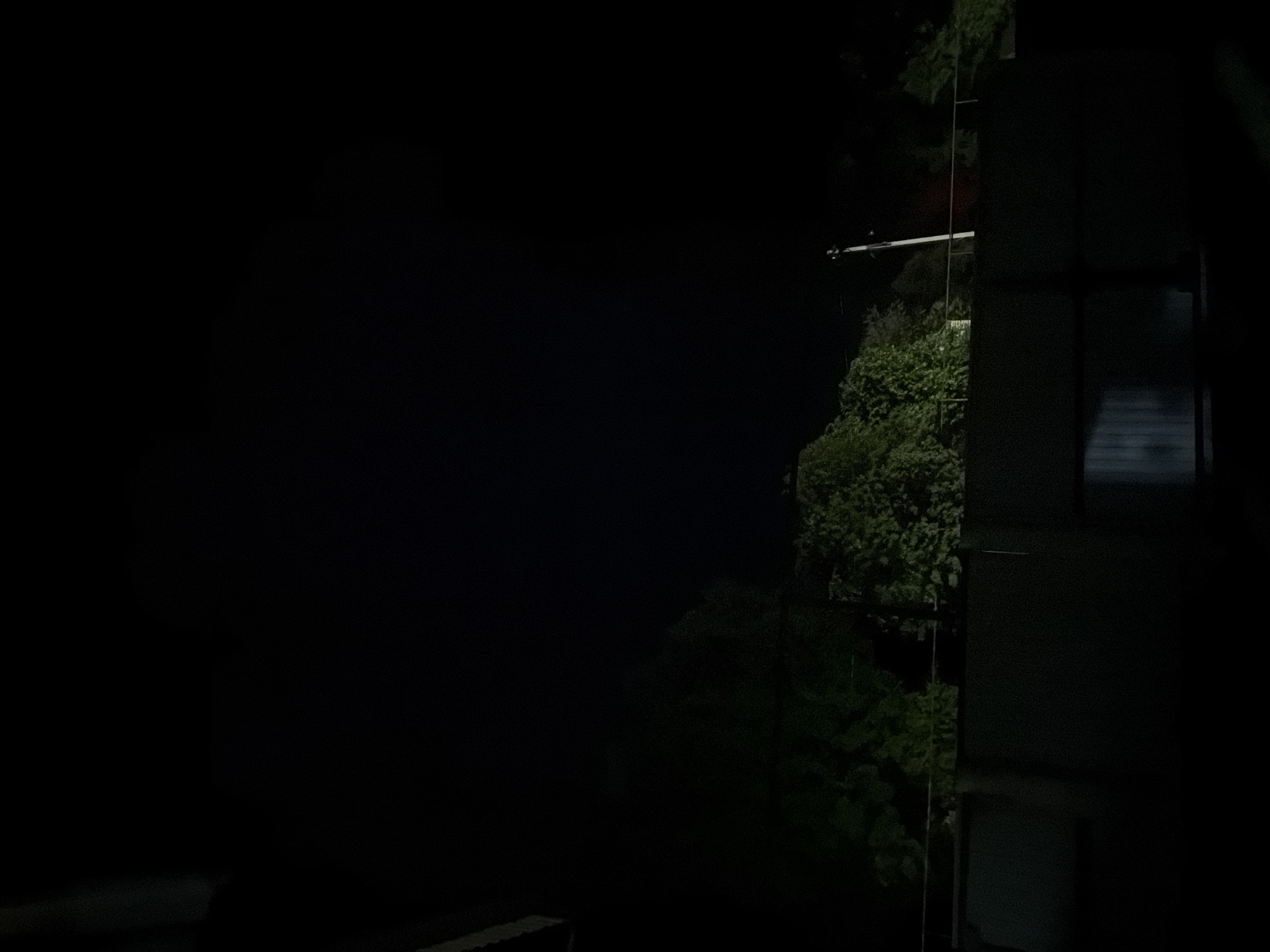 The image depicts a nighttime outdoor scene in Akkuzovo, Russia. The upper two-thirds of the frame are dominated by a dark, clear night sky. In the mid-ground, a dense canopy of trees with green foliage is partially illuminated from an unseen light source, casting visible detail on the leaves. Below the treeline, a dark, horizontal retaining wall or barrier spans the width of the image. A light-colored metal railing is visible above this wall. To the right, a utility pole, possibly a streetlamp or power pole, stands vertically, with some apparatus at its top, illuminated against the darkness. The immediate foreground and the bottom portion of the image are completely dark, suggesting unlit structures or ground close to the camera. A dark, angled architectural element, possibly a roofline, is visible in the upper-left corner. No individuals or active subjects are present.