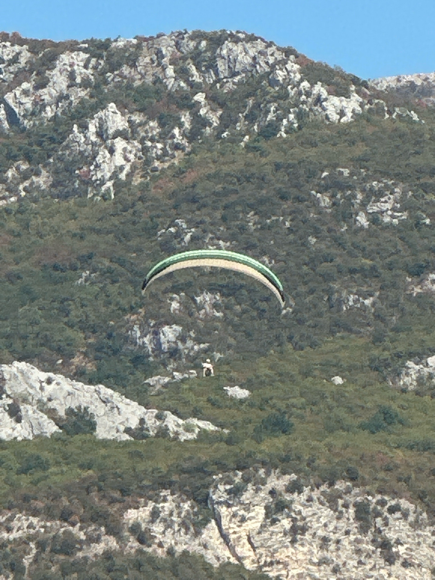 The image depicts a paraglider in mid-flight against a backdrop of a rocky, green mountainside and a clear blue sky. The paraglider, which has a green and white canopy, is suspended in the air, with a visible pilot seated in a harness below. The mountainside is covered in sparse green vegetation and interspersed with large, grey rocks. In the lower right portion of the image, a small, white figure, possibly a person, is visible standing on a rocky outcrop. The scene appears to be set in a natural, outdoor environment, characteristic of the mountainous terrain found in and around Boreti, Montenegro. The lighting suggests it is daytime, likely with bright sunlight.