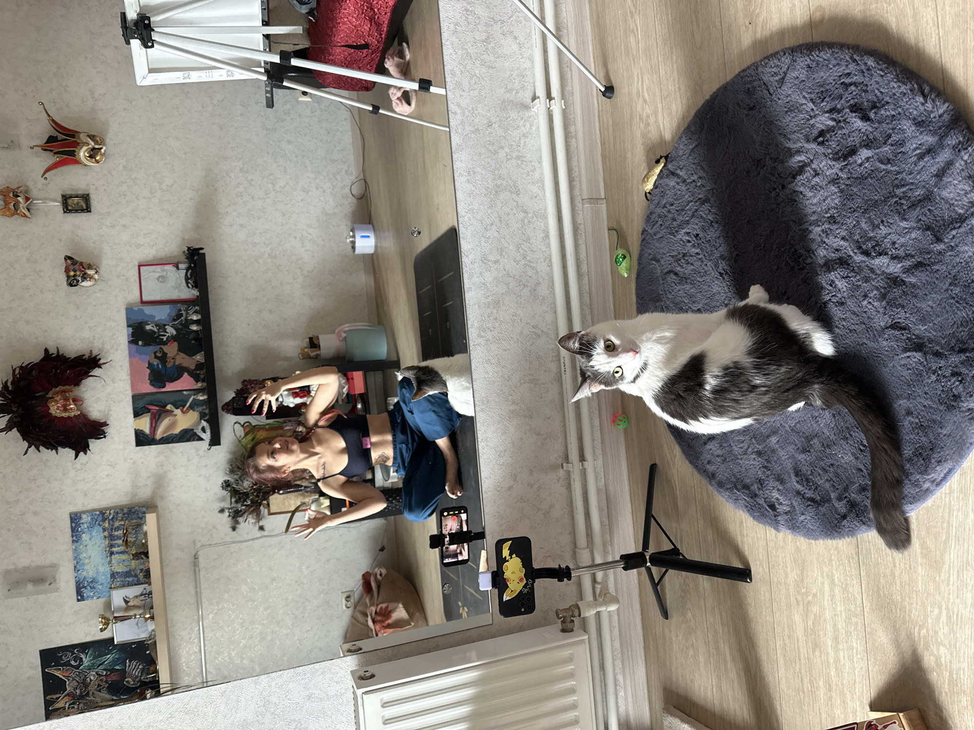 A woman with red hair is sitting on a yoga mat in front of a mirror, recording herself with two cell phones. She is wearing a dark sports bra and blue pants. In the mirror, there are paintings and decorative masks on the wall. A cat is sitting on a gray furry circular rug next to her. A metal tripod holding the phones is in the foreground. The location is Vladimir, Russia.