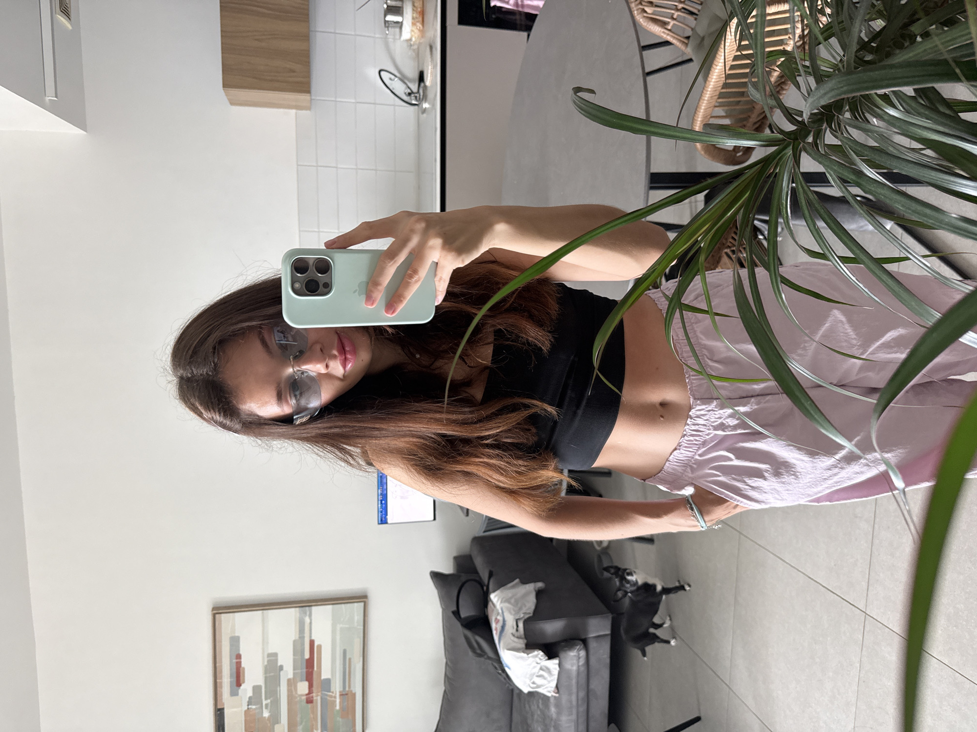 A young woman is taking a selfie indoors, possibly in her apartment or a home. She's wearing a black top, light pink pants, and sunglasses. She is holding a light green phone to take the photo. There's a plant partially obscuring the view on the right side of the frame. In the background, there's a grey sofa, a piece of art on the wall, a dog, and glimpses of a kitchen area with white tiles and light wood cabinets. The scene looks to be modern and domestic. Based on available resources, the location appears to be Ramat Gan, Israel.