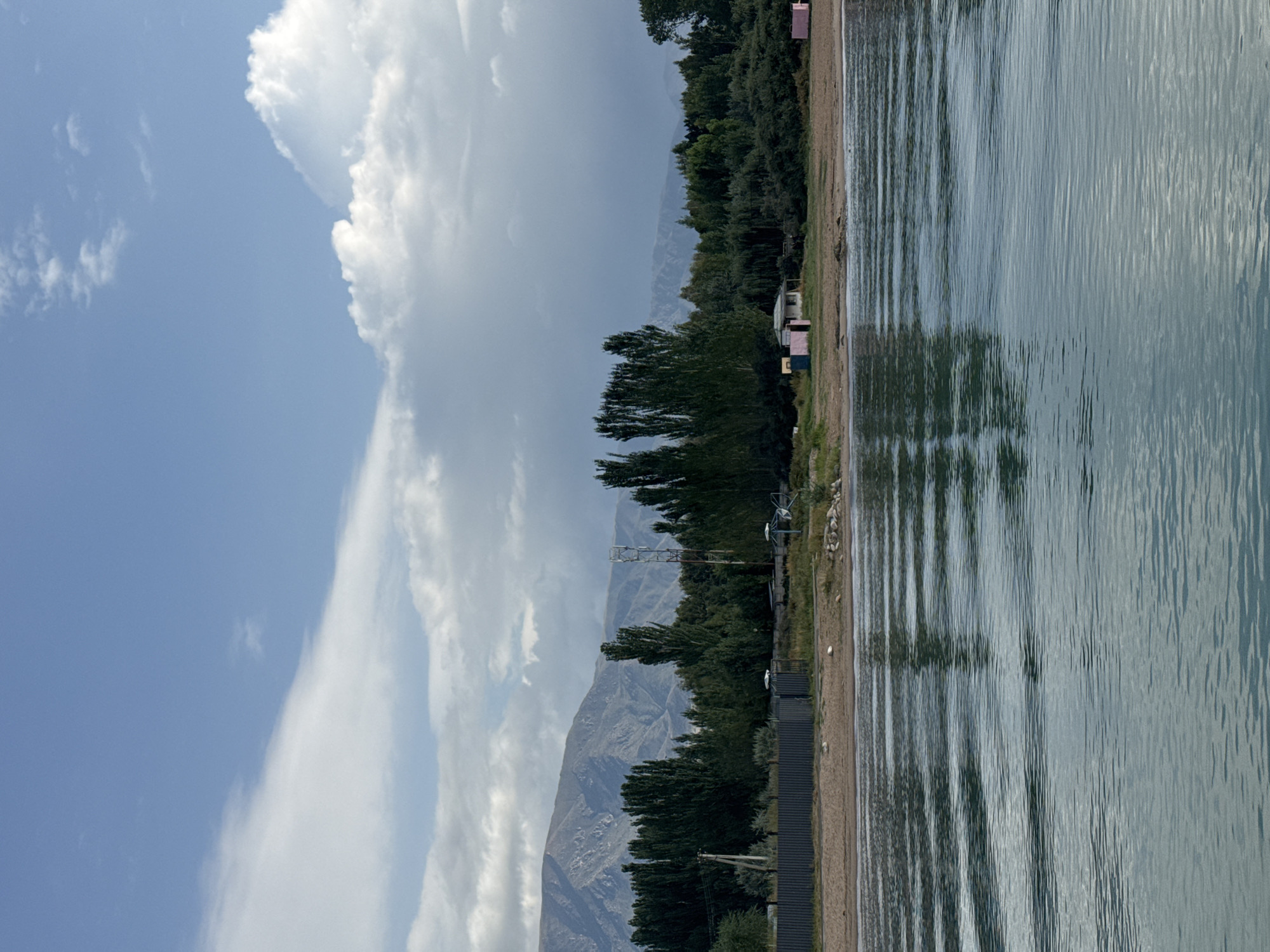 In Sary-Oy, Kyrgyzstan, a body of water with subtle ripples occupies the foreground of the image, reflecting the sky and surrounding landscape. The middle ground features a sandy shore bordering a strip of lush green trees. Behind the trees, a fence runs horizontally across the scene, separating the beach from a road. Further back, a cell tower stands prominently among the trees, with mountains rising majestically in the distance under a partly cloudy sky. The sky itself is a blend of blue with scattered white clouds.