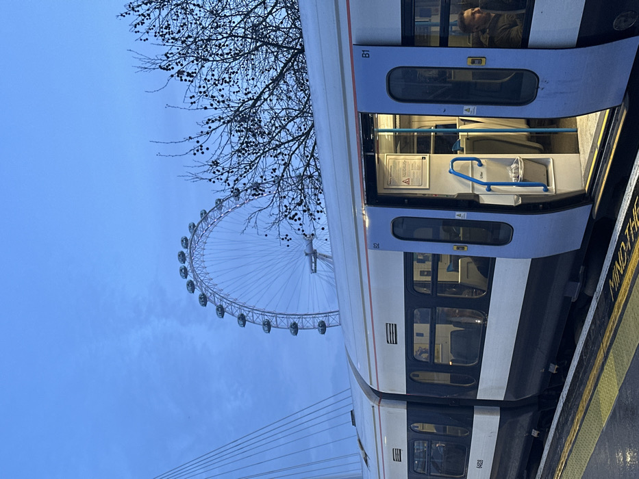 A train sits at a station, its doors open, revealing the interior of the train. In the background, the London Eye Ferris wheel is visible, along with a bare tree and power lines. The sky is a muted blue. The platform displays a warning, "Mind The Gap." The train's carriage is labeled "B1."