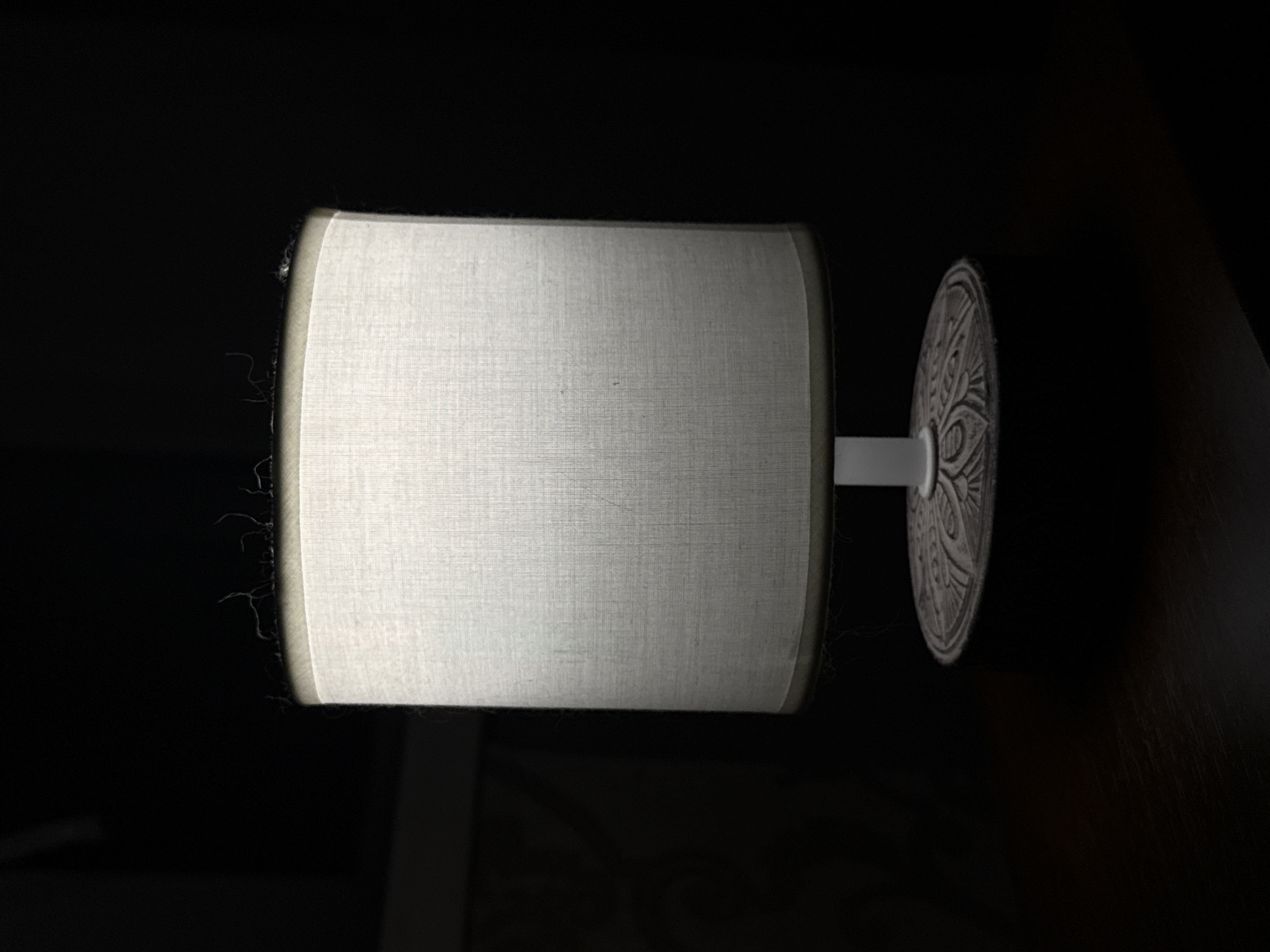 A close-up, eye-level shot features a small, white cylindrical lampshade, softly illuminated from within, sitting on a dark wooden surface. The lampshade has a textured fabric surface and is trimmed with a darker material at the top and bottom. Small wisps of dark material, possibly dust or loose threads, are visible along the top edge of the lampshade. The lampshade is supported by a white rod, which extends down to a decorative, circular base with an intricate, carved pattern. The background is entirely black, indicating a dark room. The image provides no information about the city of Zhovte, Ukraine, or any people, actions, or interactions.
