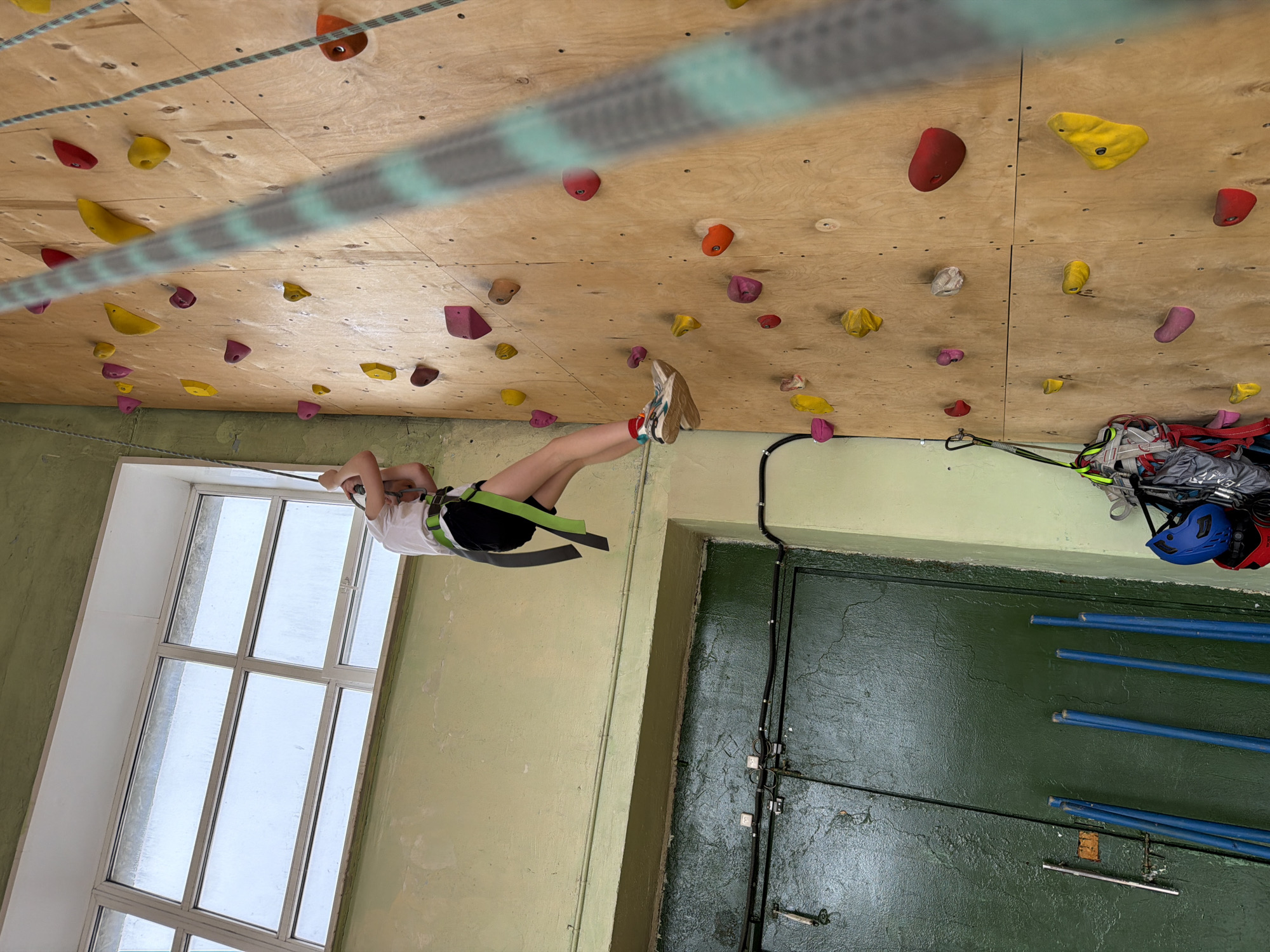 A person is suspended from a climbing wall, likely indoors. The climbing wall itself is constructed of plywood and features numerous colored climbing holds in various shapes and sizes. A climbing rope is strung across the top of the wall. The person is wearing a harness and appears to be in the process of being belayed or rappelling.
The background includes a window and a door. The window consists of multiple panes and is set into a light green wall. The door is painted a darker green.
The location is Izhevsk, Russia.