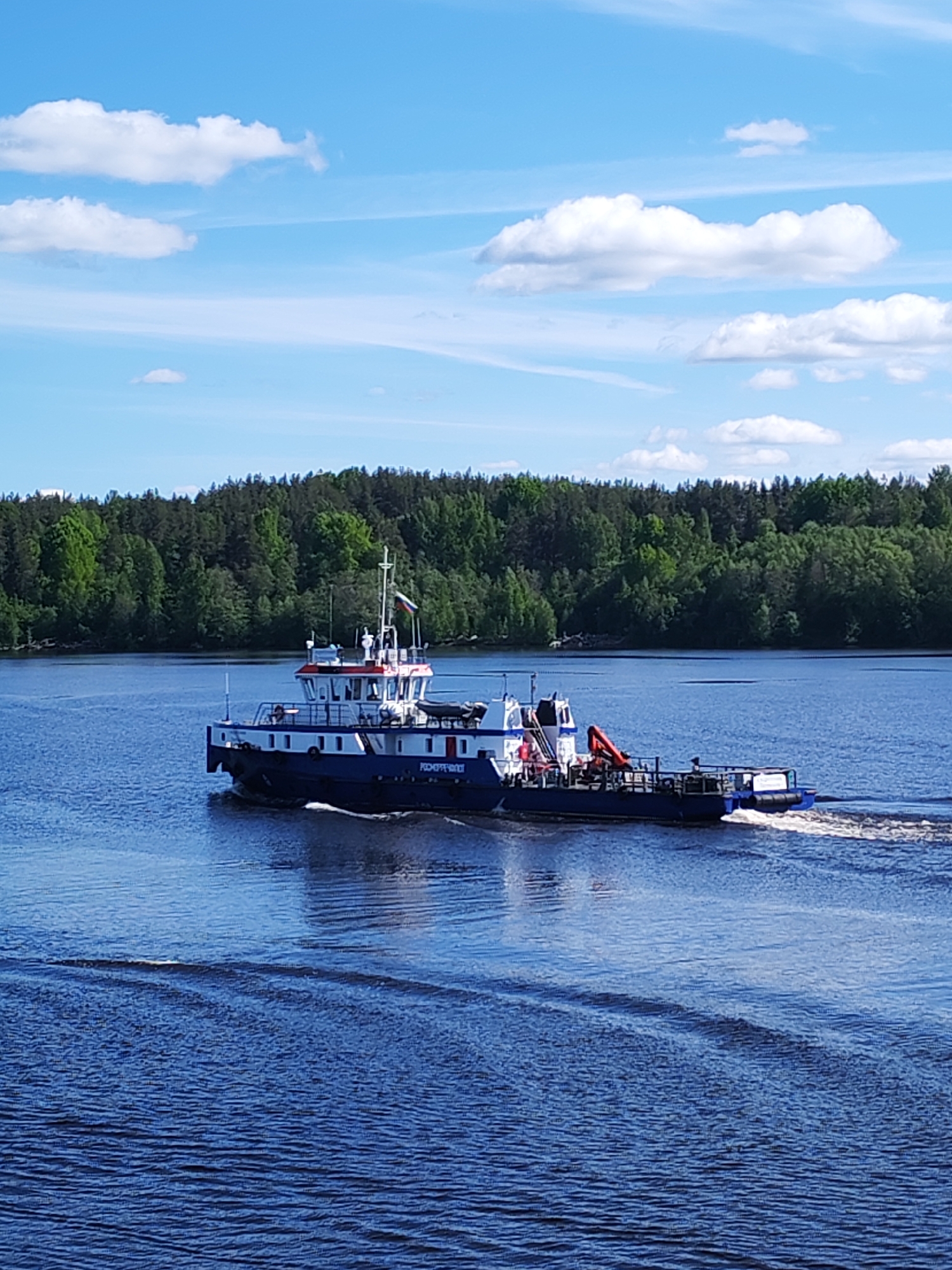 A blue and white workboat, possibly a tugboat, is captured in motion on a wide body of water under a bright, clear blue sky with scattered white clouds. The boat features a white superstructure with a red trim, a dark blue hull, and an orange crane situated on its aft deck. A flag, appearing to be the Russian flag (white, blue, red horizontal stripes), is flying from a mast on top of the wheelhouse. White text, "ПРОМИНВЕСТ" (PROMINVEST), is visible on the side of the boat's hull. The boat is moving from left to right, leaving a distinct white wake behind it. In the background, a dense green forest lines the distant shoreline, suggesting a natural, possibly rural, river or lake environment. The bright lighting indicates it is daytime. One or two indistinct figures can be seen on the boat, one potentially in the wheelhouse.