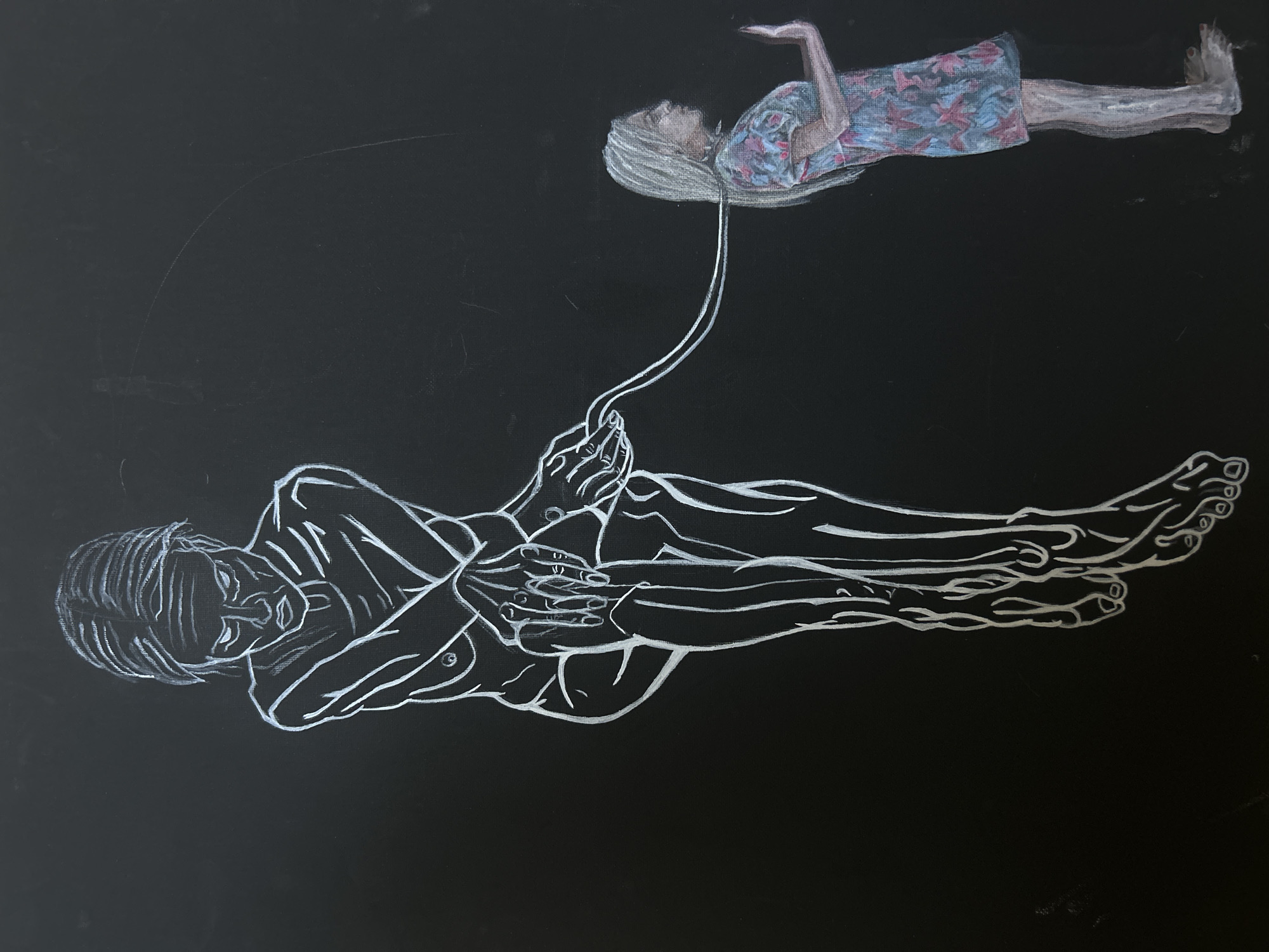 The image depicts a surreal chalk drawing on a black background. Below, a reclining nude figure is rendered in white chalk outline. Above and slightly offset to the right, a fully colored and dressed figure floats in the air. A strand connects the floating figure's head to the hand of the reclining figure. There are no environmental cues to suggest the location of Cape Coral, United States of America. The scene is abstract and symbolic, lacking any verifiable real-world context.