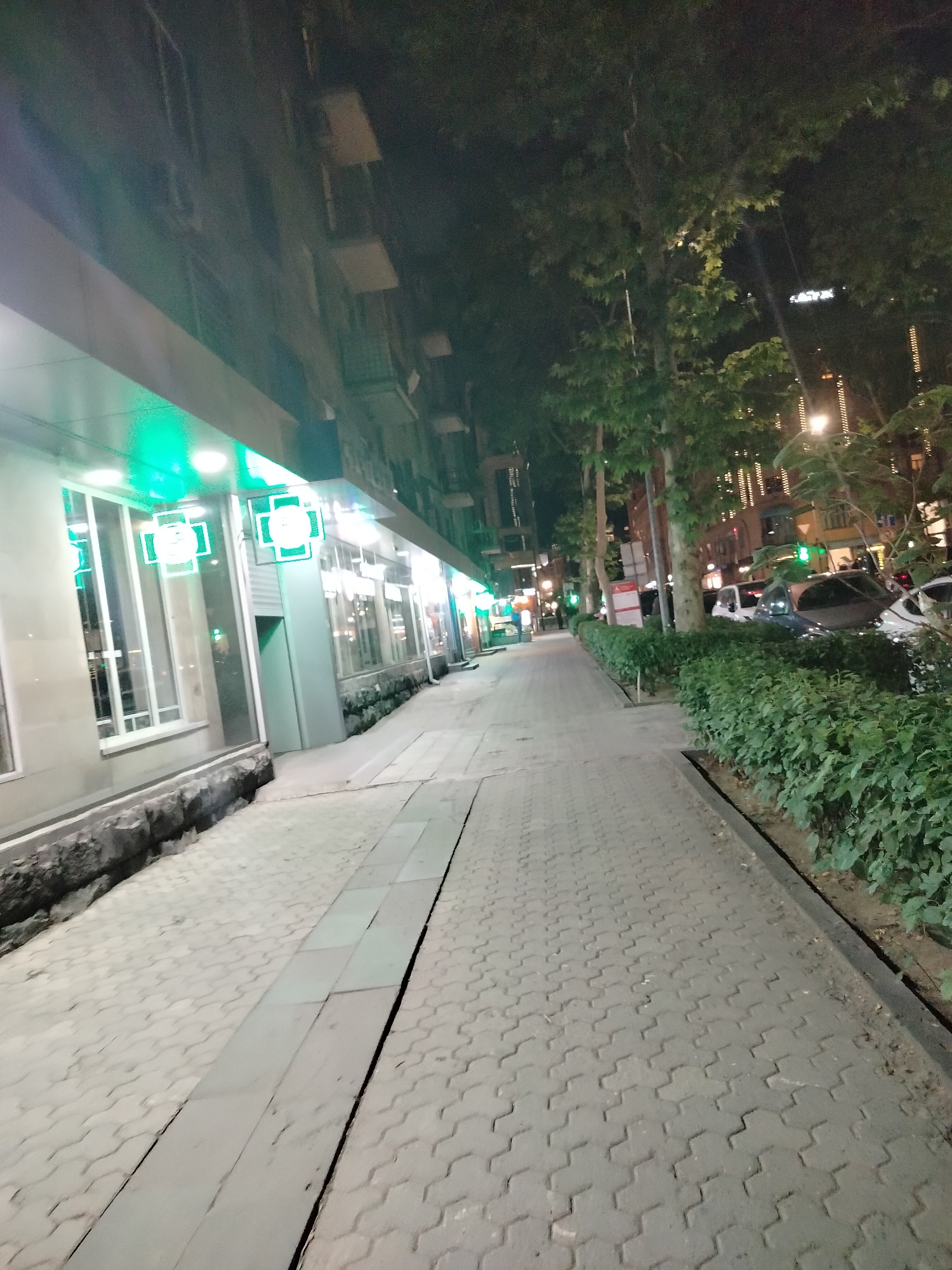 The image shows a sidewalk at night in Yerevan, Armenia. On the left is a building with a pharmacy, indicated by green plus signs. The sidewalk is paved with light gray pavers. On the right is a row of trimmed bushes separating the sidewalk from the street where cars are parked. Trees line the street. In the distance, buildings are illuminated with streetlights and decorative lights. No people are visible in the immediate foreground.