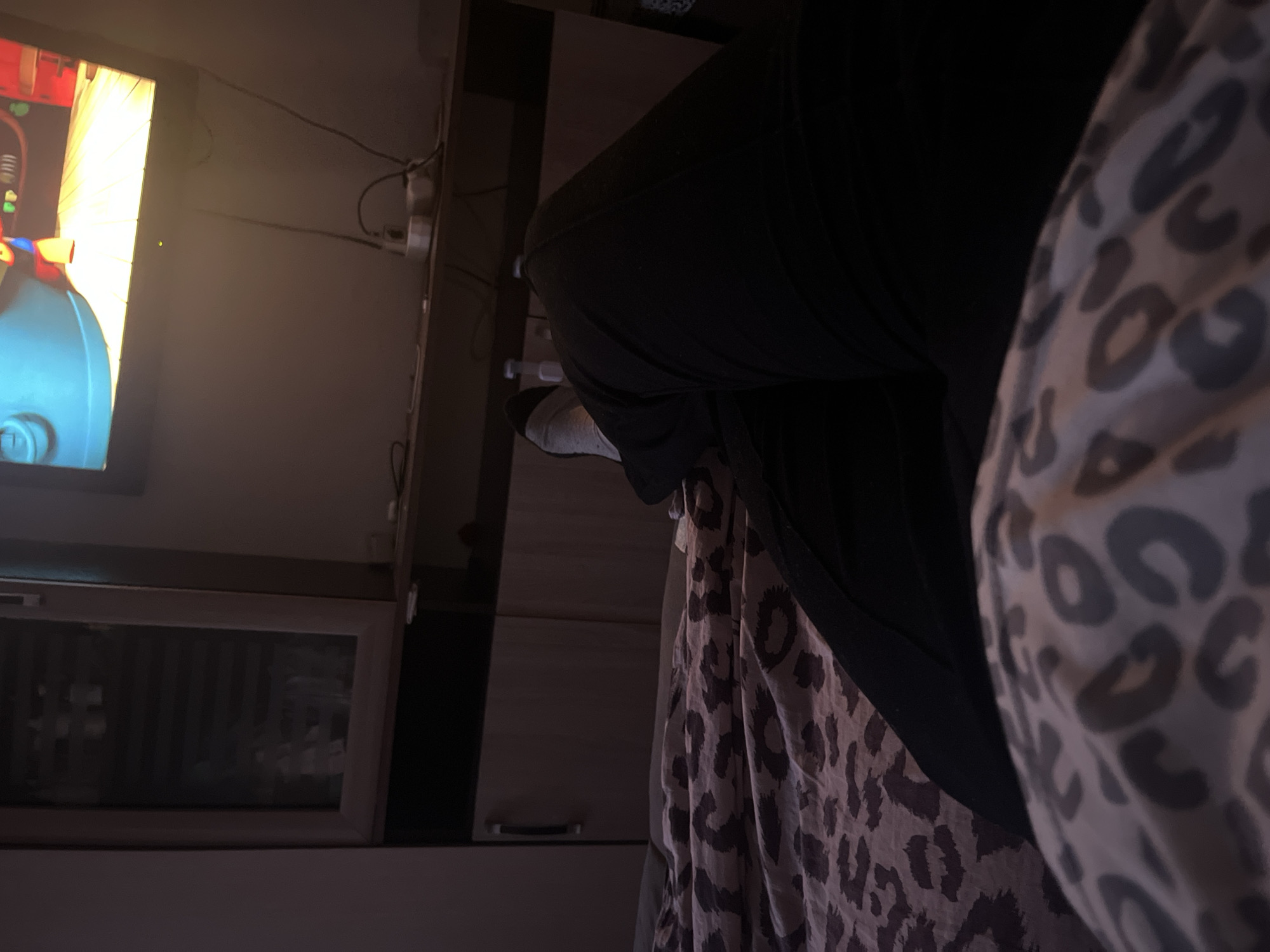 An indoor scene is depicted, possibly a bedroom, with a person lying on a bed, facing a television. The room is dimly lit, with the television screen casting a faint glow on the wall. The bed has a leopard-print comforter. The person is wearing dark pants and white socks. In the background, there are cabinets and shelves. The scene does not provide enough visual information to determine the specific location within the city of Chelyabinsk, Russia.