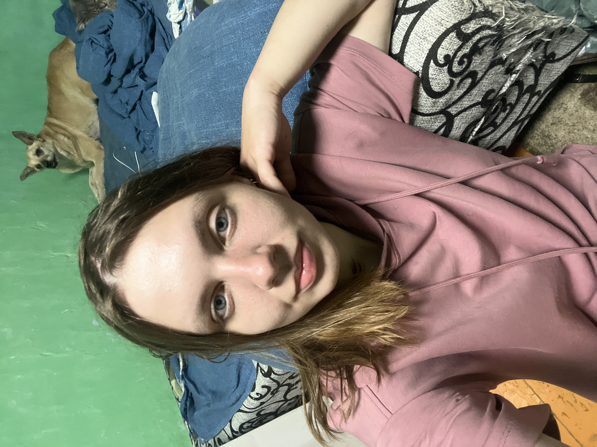 A young woman with light brown hair and blue eyes, wearing a pink hooded sweatshirt, is captured in a close-up selfie. She is leaning on her right arm, which is resting on a patterned cushion. Behind her, a tan dog is lying on a blue blanket that covers what appears to be a bed or sofa. The background wall is painted a vibrant green. The setting is an indoor environment, likely a room in a residential building in Nizhny Tagil, Russia.
