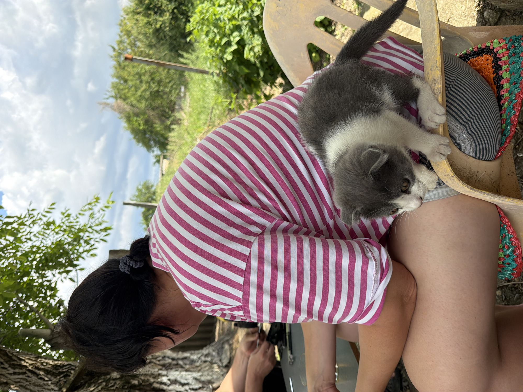 In Komsomolskiy, Russia, a person sits outdoors on a yellow plastic chair, their back to the camera. They are wearing a pink and white striped shirt and striped pants, with a colorful crocheted mat on their lap. A small grey and white kitten is perched on the chair, looking down. The background shows greenery and a cloudy sky.